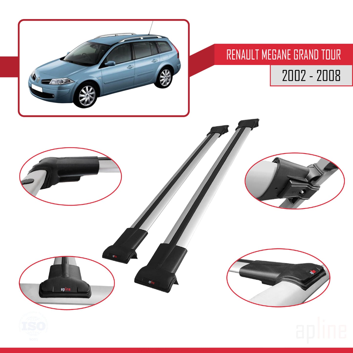 Compatible with Renault Megane Grand Tour 2002-2008 FLY Model Car Roof Rack Cross Bar Grey Aluminium 2 Bars
