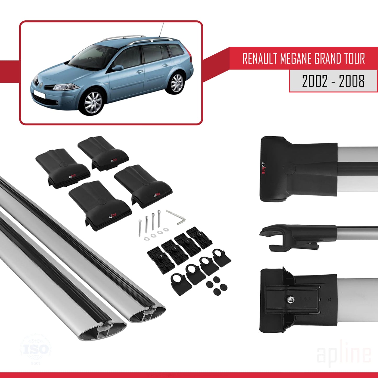 Compatible with Renault Megane Grand Tour 2002-2008 FLY Model Car Roof Rack Cross Bar Grey Aluminium 2 Bars