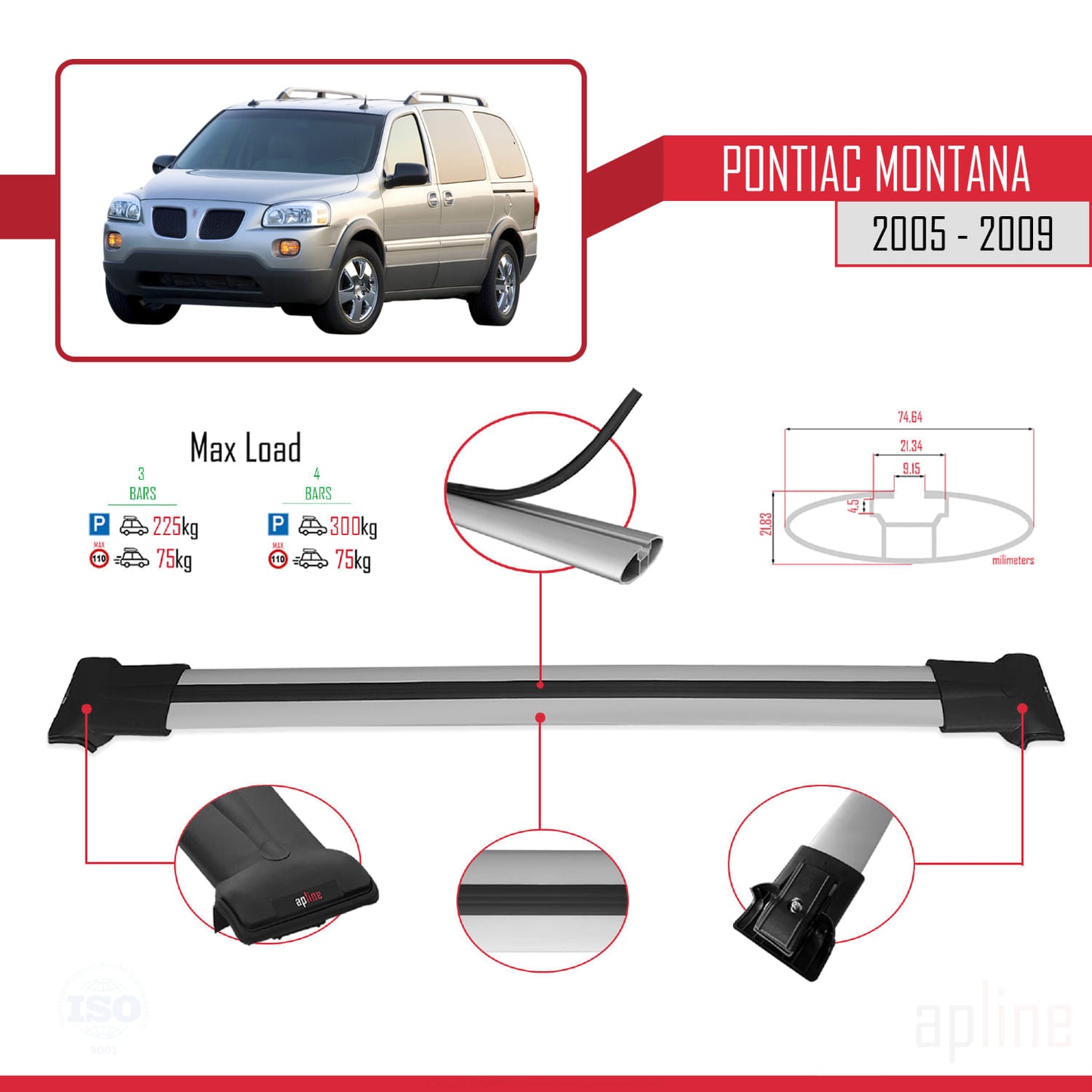 Compatible with Pontiac Montana 2005-2009 FLY Model Car Roof Rack Cross Bar Grey Aluminium 3 Bars