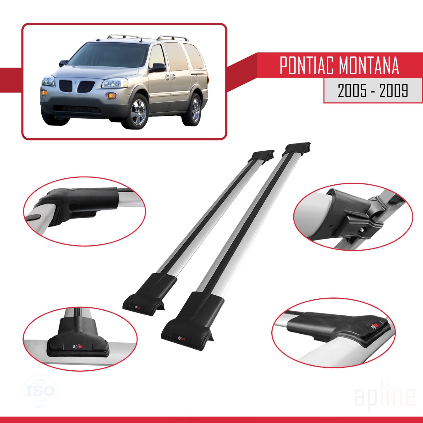 Compatible with Pontiac Montana 2005-2009 FLY Model Car Roof Rack Cross Bar Grey Aluminium 2 Bars