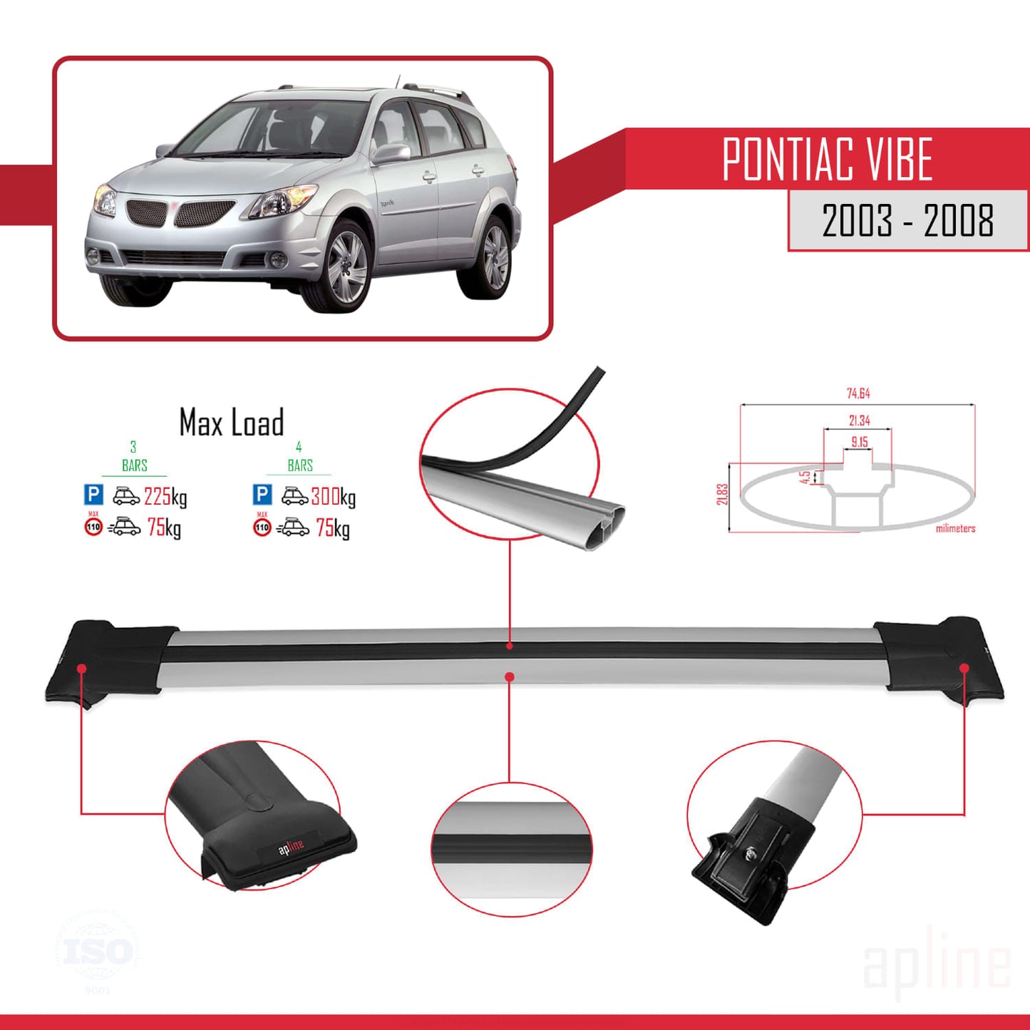 Compatible with Pontiac Vibe 2003-2008 FLY Model Car Roof Rack Cross Bar Grey Aluminium 3 Bars