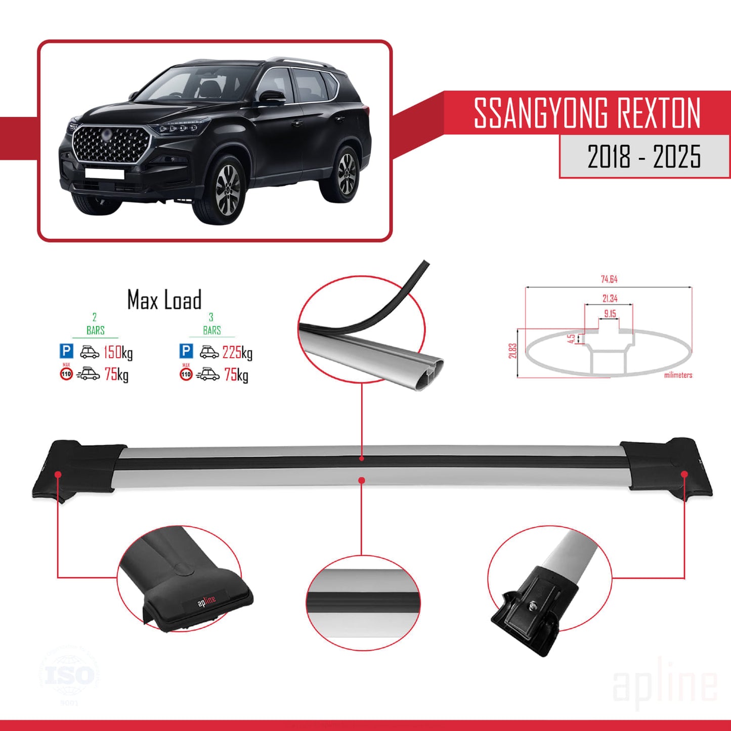 Compatible with SsangYong Rexton 2018-2025 FLY Model Car Roof Rack Cross Bar Grey Aluminium 2 Bars