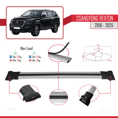 Compatible with SsangYong Rexton 2018-2025 FLY Model Car Roof Rack Cross Bar Grey Aluminium 2 Bars
