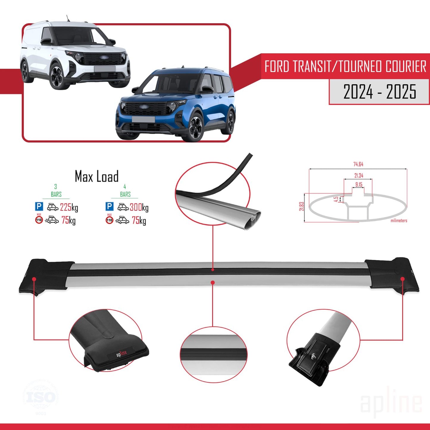 Compatible with Ford Transit/Tourneo Courier 2024-2025 FLY Model Car Roof Rack Cross Bar Grey Aluminium 3 Bars