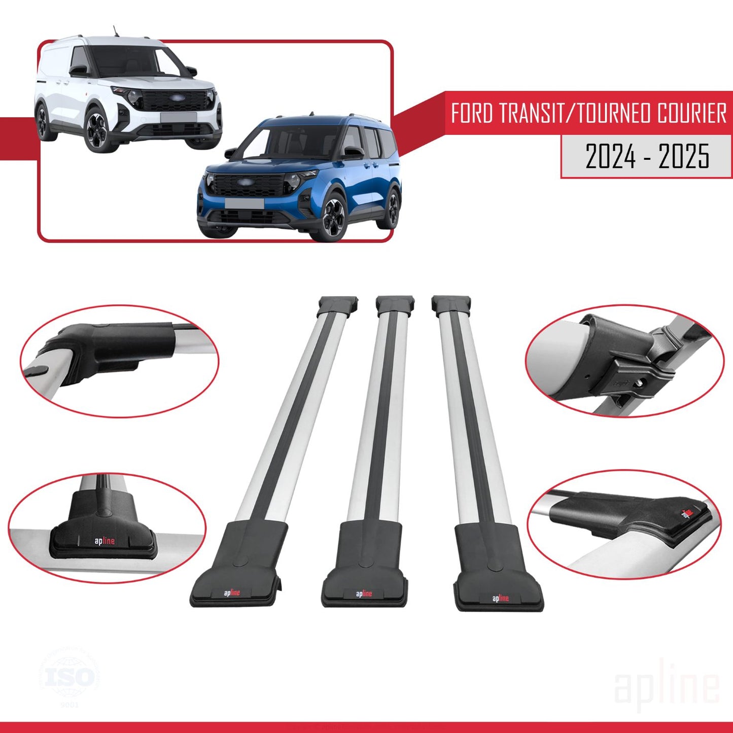 Compatible with Ford Transit/Tourneo Courier 2024-2025 FLY Model Car Roof Rack Cross Bar Grey Aluminium 3 Bars