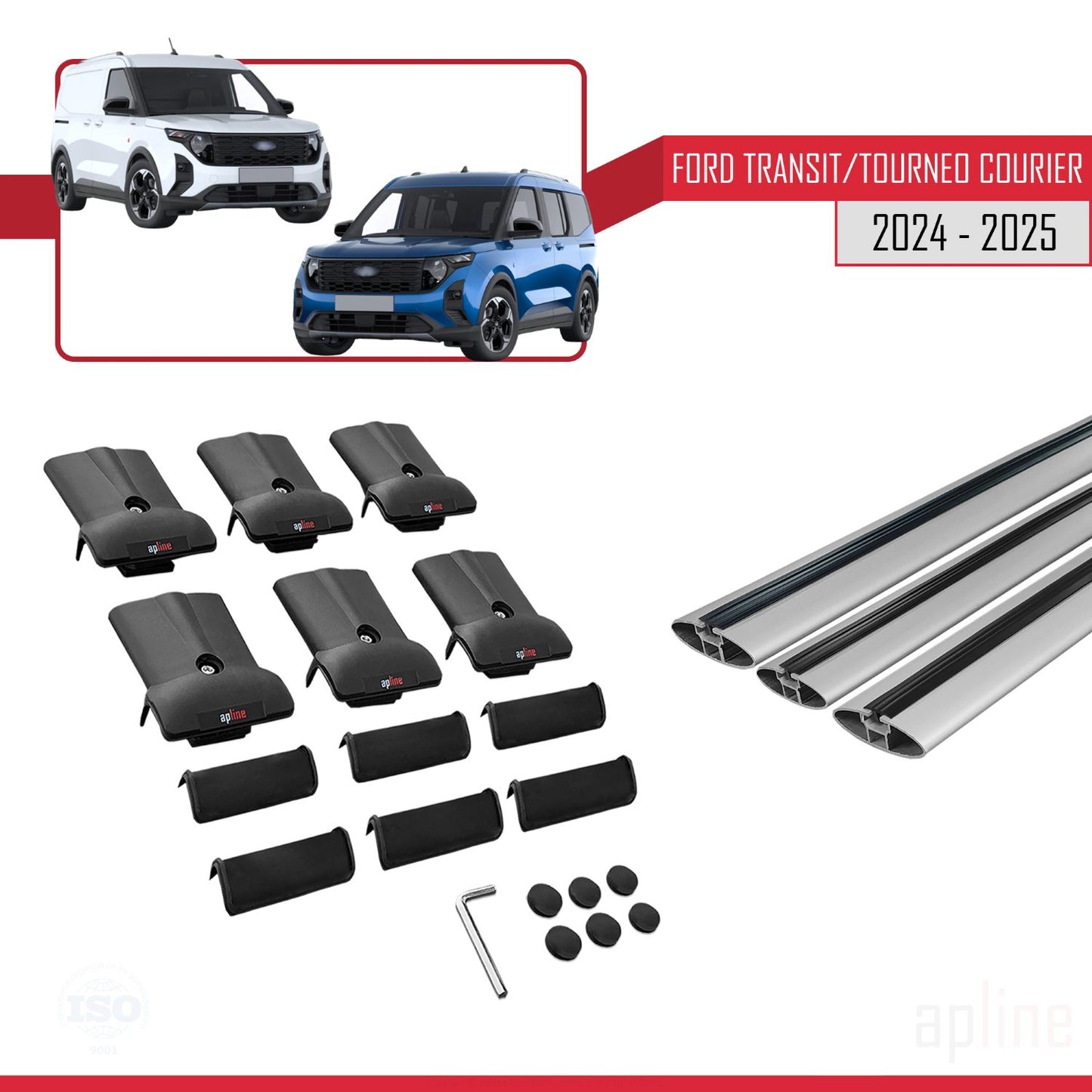 Compatible with Ford Transit/Tourneo Courier 2024-2025 FLY Model Car Roof Rack Cross Bar Grey Aluminium 3 Bars