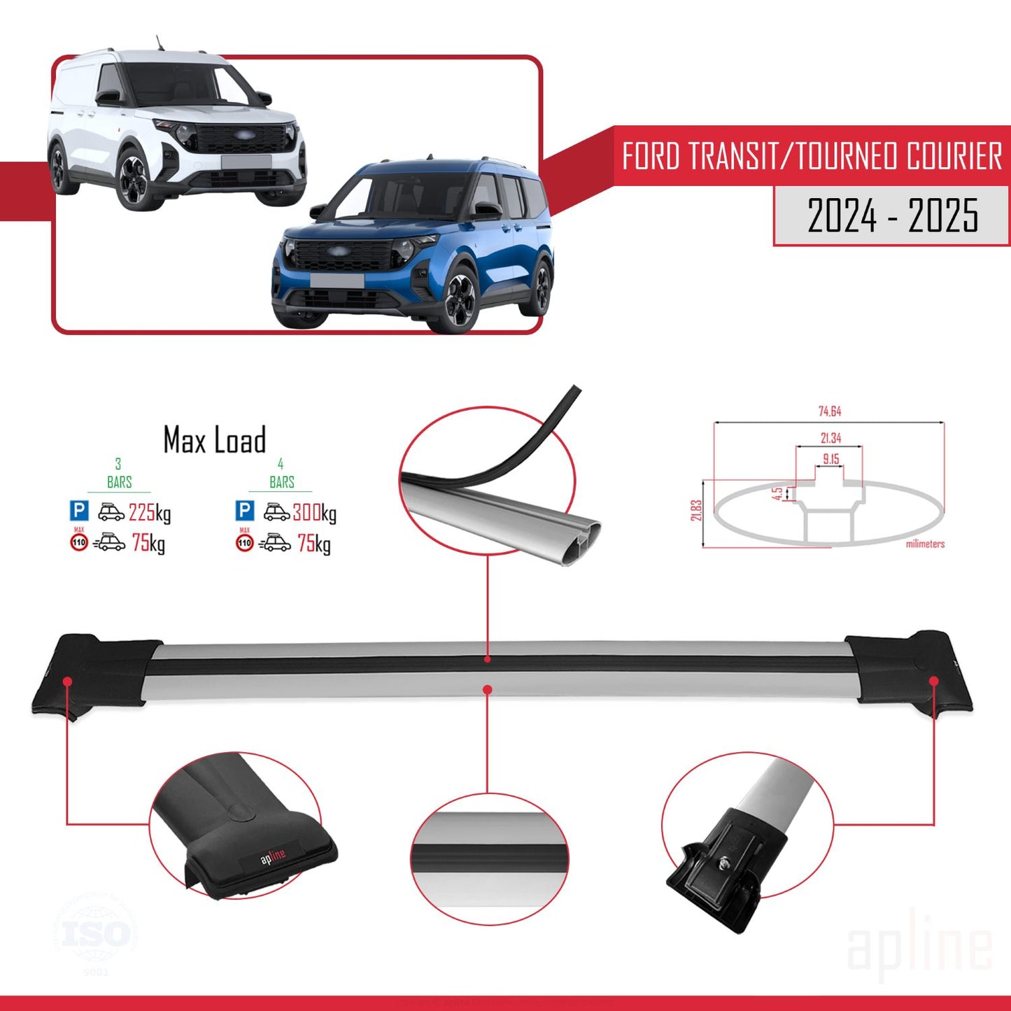 Compatible with Ford Transit/Tourneo Courier 2024-2025 FLY Model Car Roof Rack Cross Bar Grey Aluminium 4 Bars