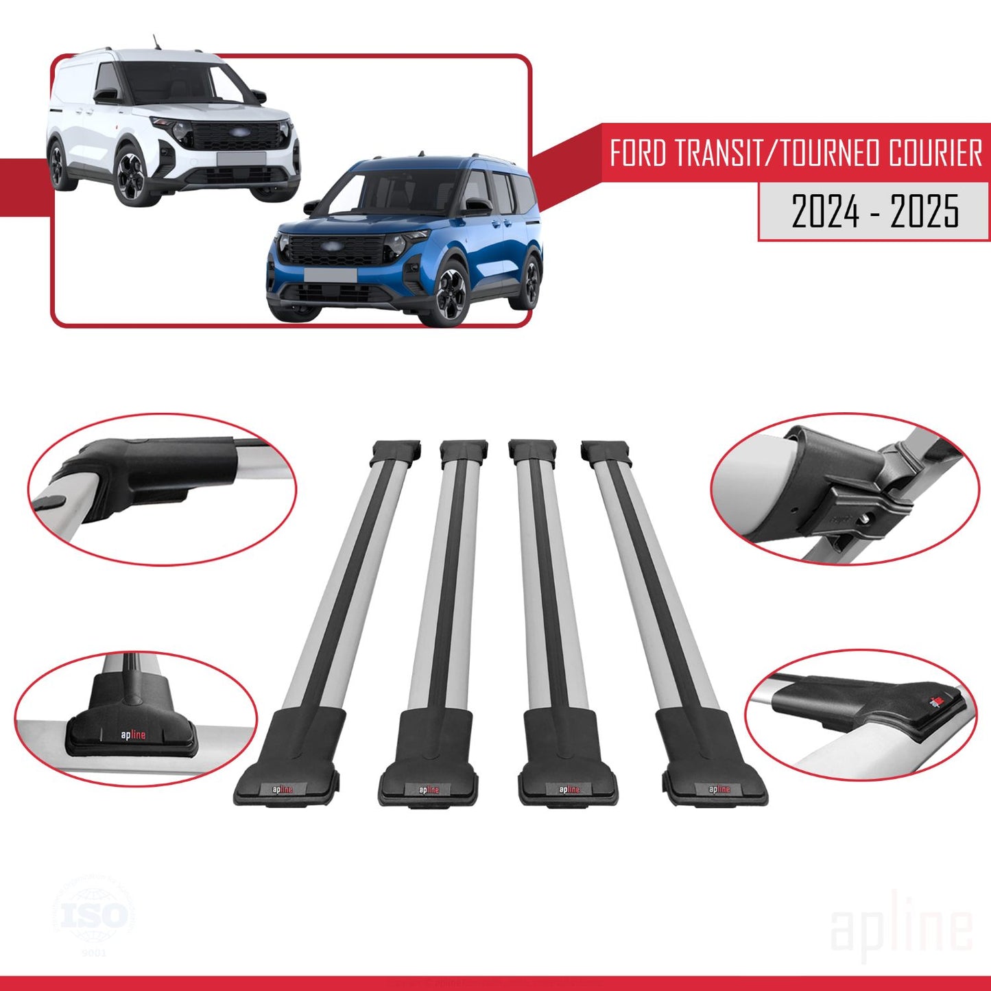 Compatible with Ford Transit/Tourneo Courier 2024-2025 FLY Model Car Roof Rack Cross Bar Grey Aluminium 4 Bars