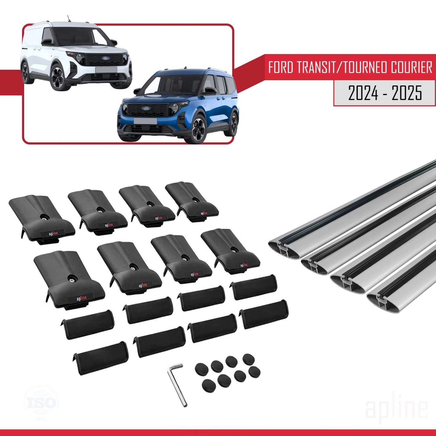 Compatible with Ford Transit/Tourneo Courier 2024-2025 FLY Model Car Roof Rack Cross Bar Grey Aluminium 4 Bars