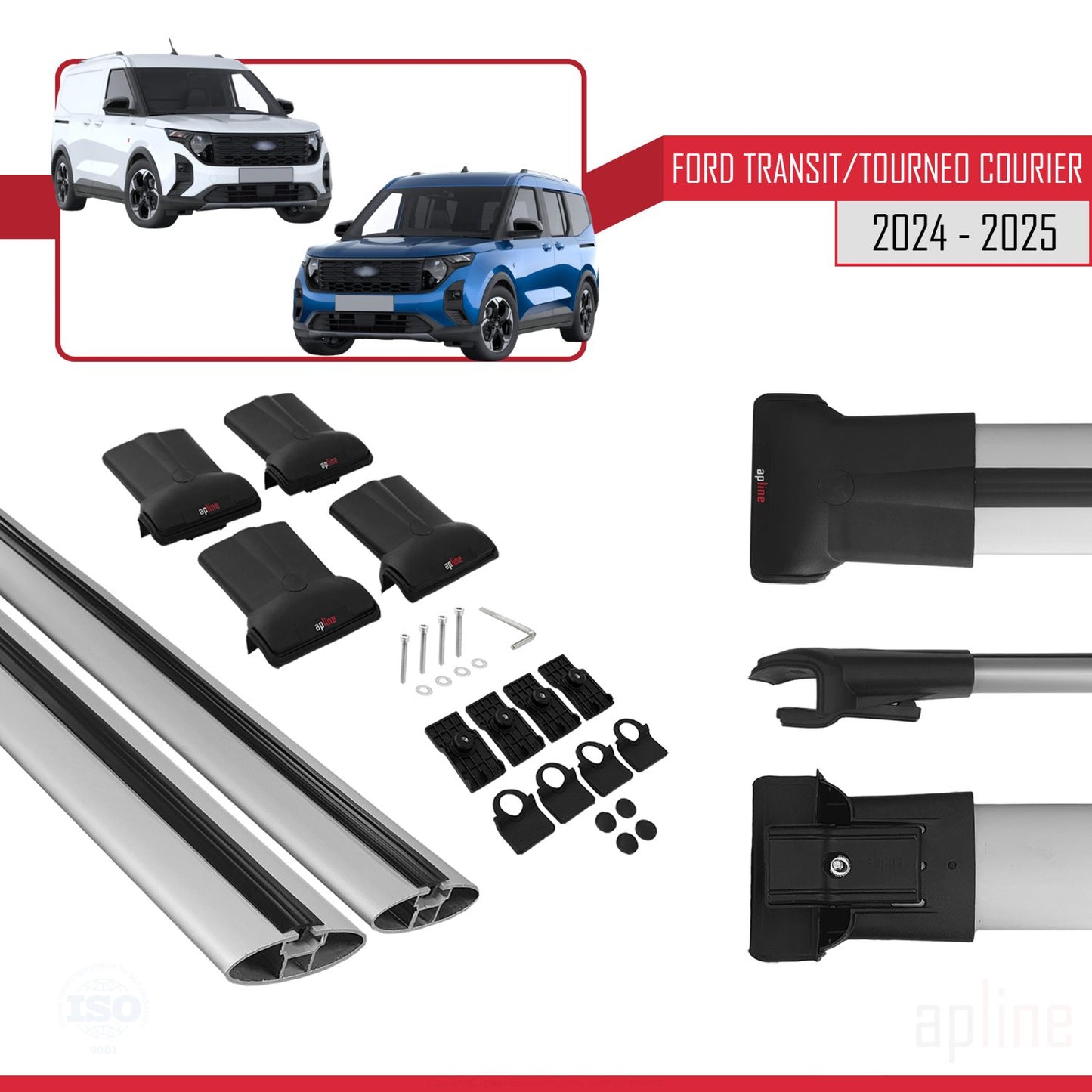 Compatible with Ford Transit/Tourneo Courier 2024-2025 FLY Model Car Roof Rack Cross Bar Grey Aluminium 2 Bars