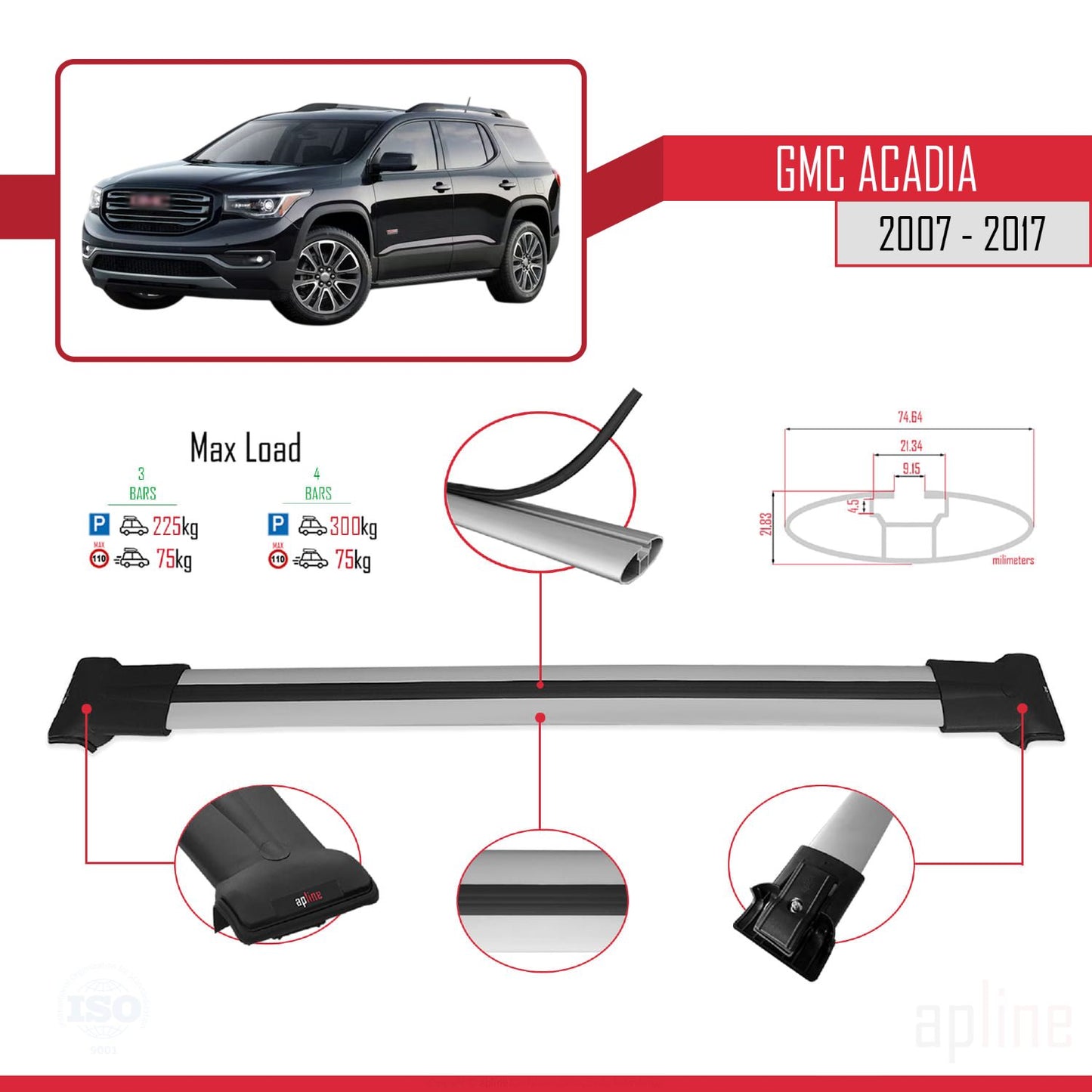 Compatible with GMC Acadia 2007-2017 FLY Model Car Roof Rack Cross Bar Grey Aluminium 3 Bars