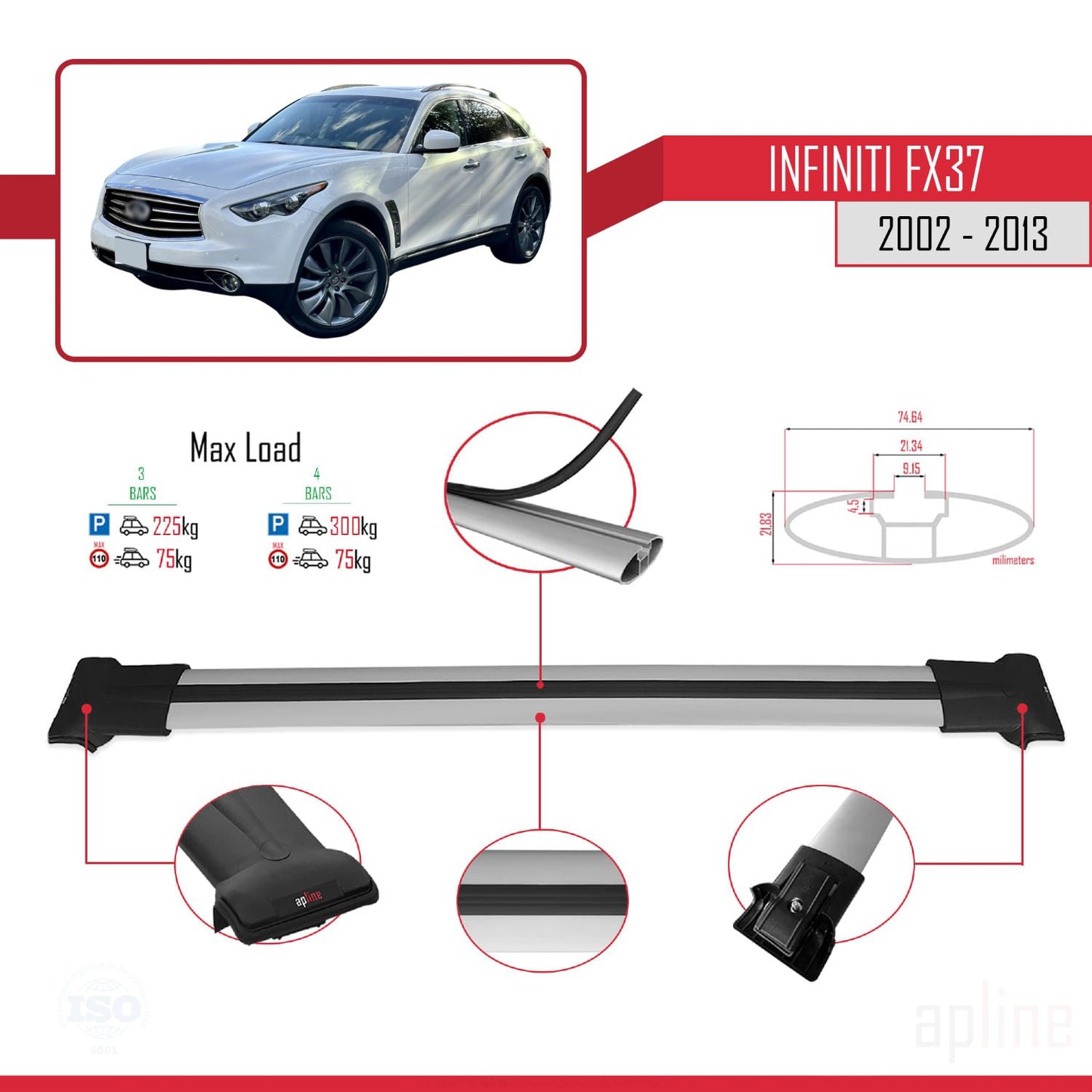 Compatible with Infiniti FX37 2002-2013 FLY Model Car Roof Rack Cross Bar Grey Aluminium 3 Bars