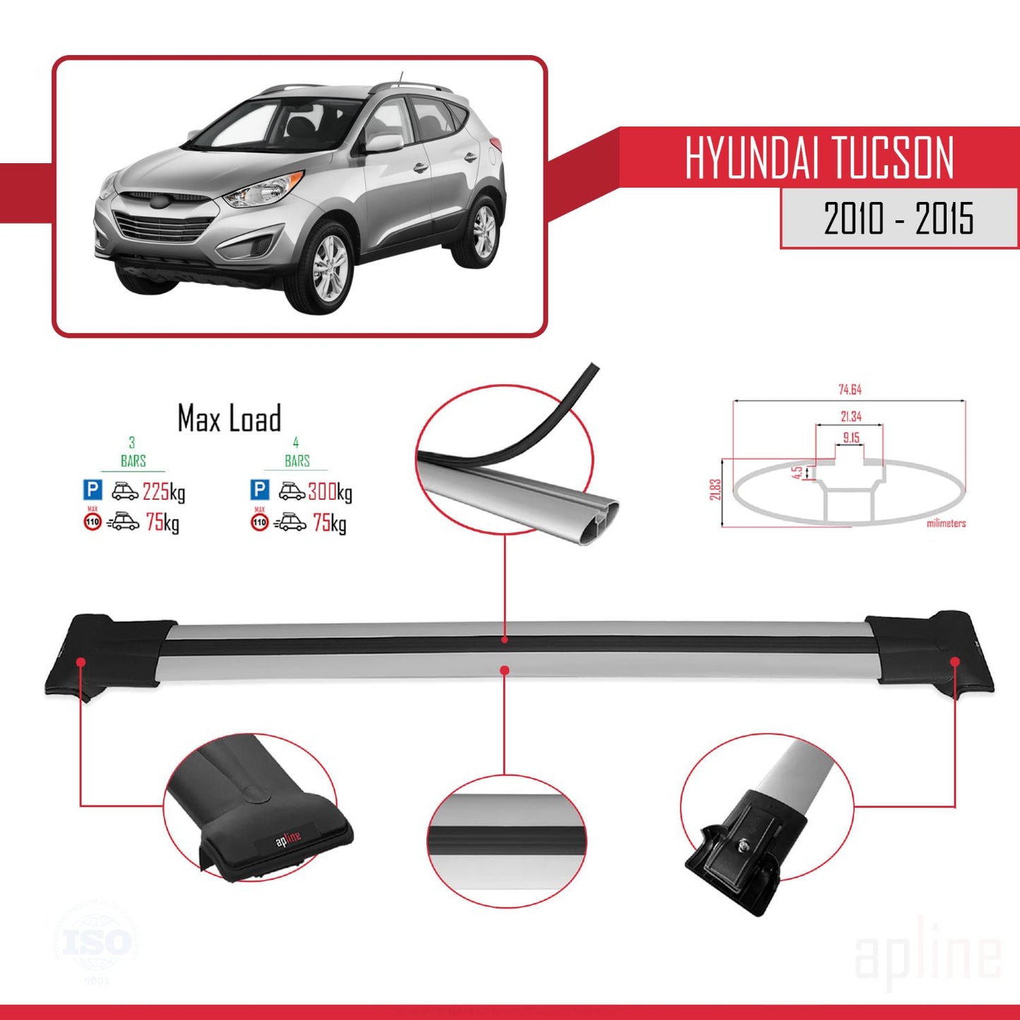 Compatible with Hyundai Tucson 2010-2015 FLY Model Car Roof Rack Cross Bar Grey Aluminium 3 Bars