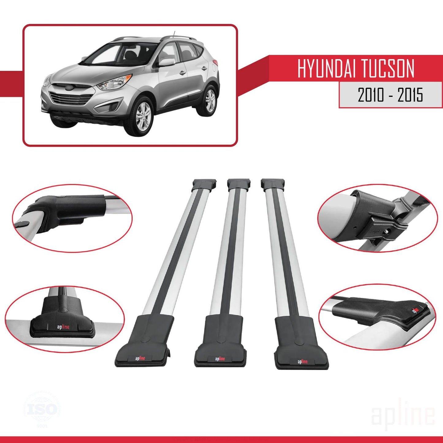 Compatible with Hyundai Tucson 2010-2015 FLY Model Car Roof Rack Cross Bar Grey Aluminium 3 Bars