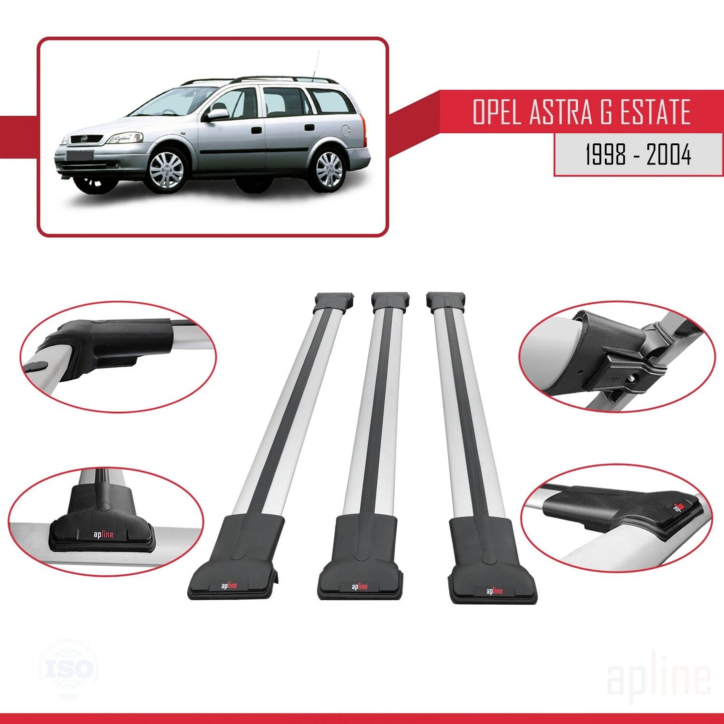 Compatible with Opel Astra G (T98) SW 1998-2004 FLY Model Car Roof Rack Cross Bar Grey Aluminium 3 Bars