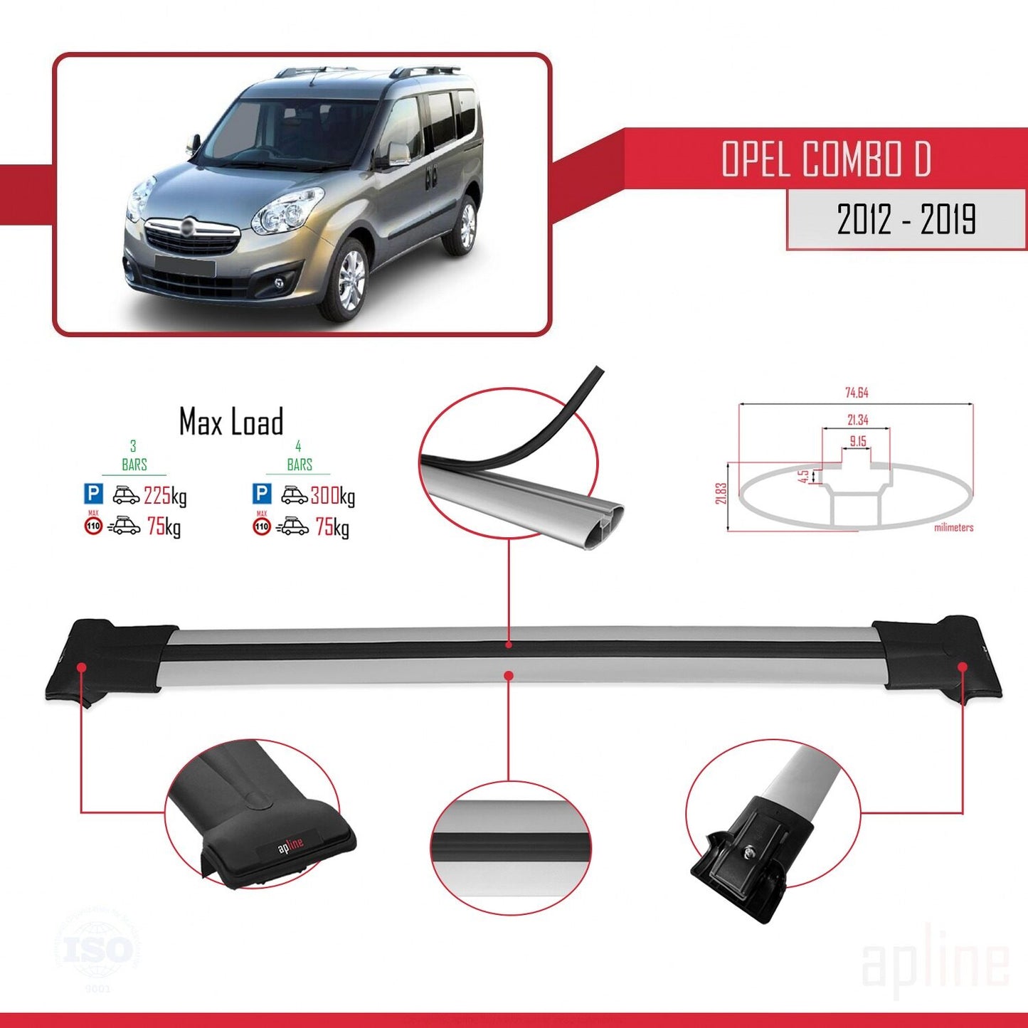 Compatible with Opel Combo D 2012-2018 FLY Model Car Roof Rack Cross Bar Grey Aluminium 4 Bars