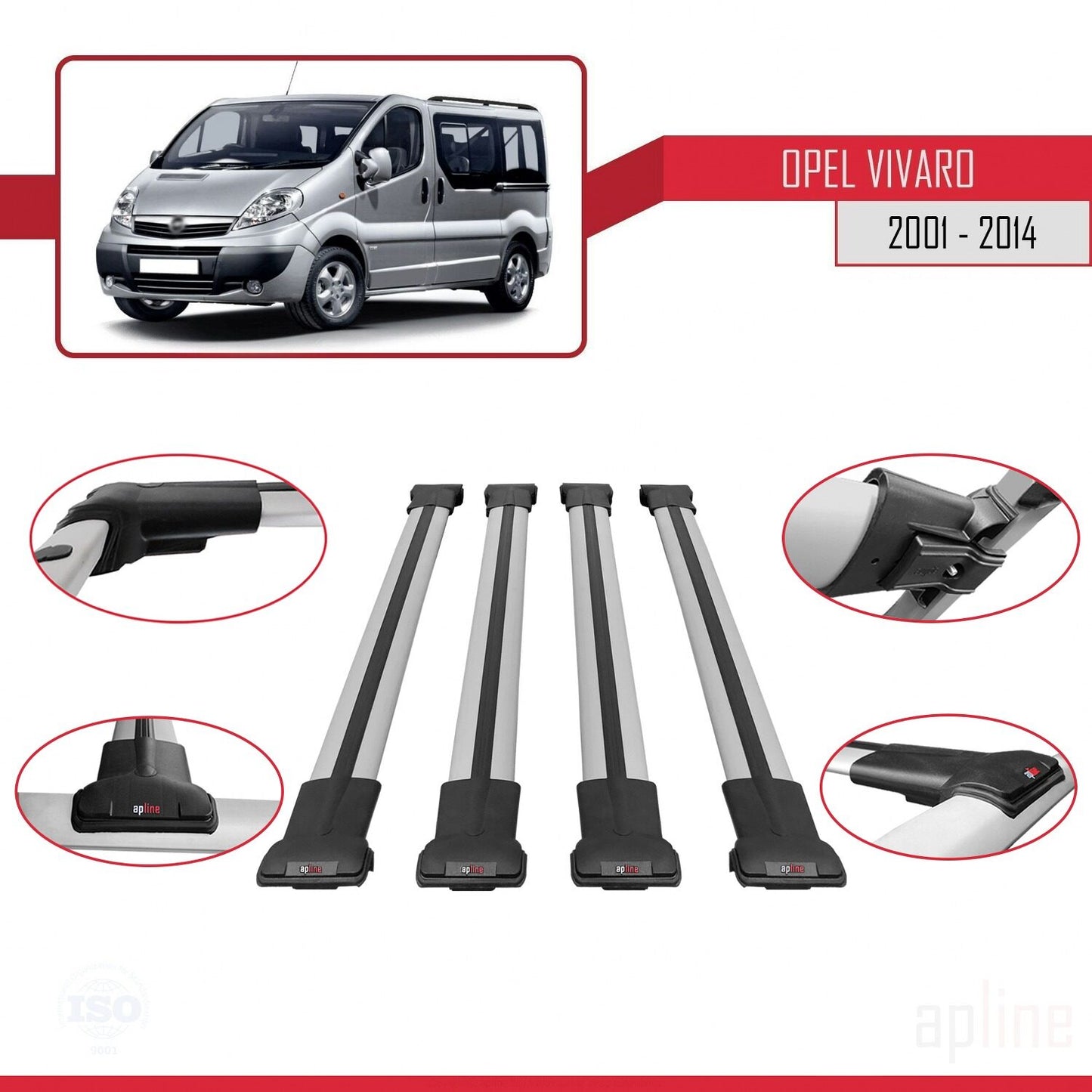 Compatible with Opel Vivaro A 2001-2014 FLY Model Car Roof Rack Cross Bar Grey Aluminium 4 Bars