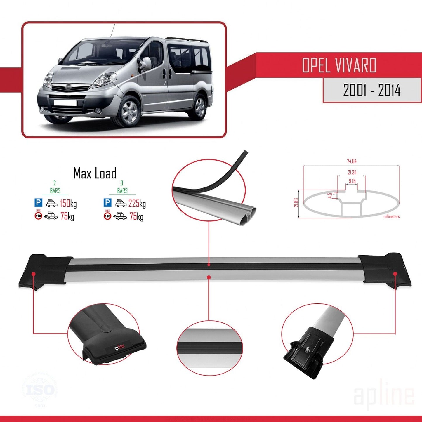Compatible with Opel Vivaro A 2001-2014 FLY Model Car Roof Rack Cross Bar Grey Aluminium 2 Bars