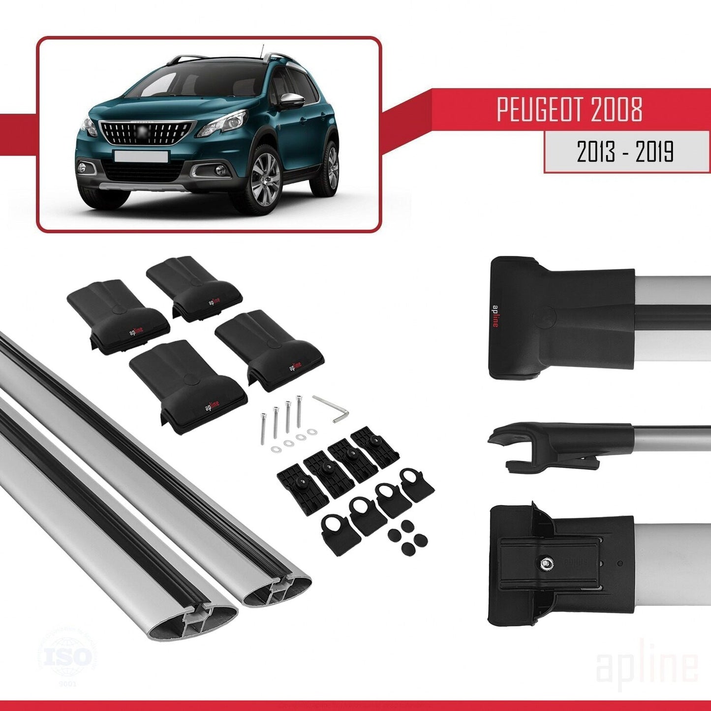 Compatible with Peugeot 2008 (A94) 2013-2019 FLY Model Car Roof Rack Cross Bar Grey Aluminium 2 Bars