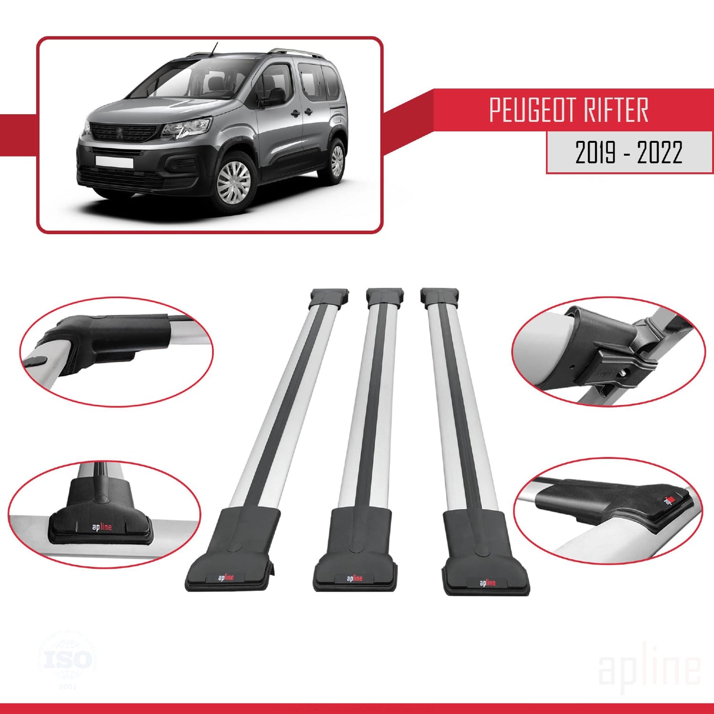 Compatible with Peugeot Rifter 2019-2022 FLY Model Car Roof Rack Cross Bar Grey Aluminium 3 Bars