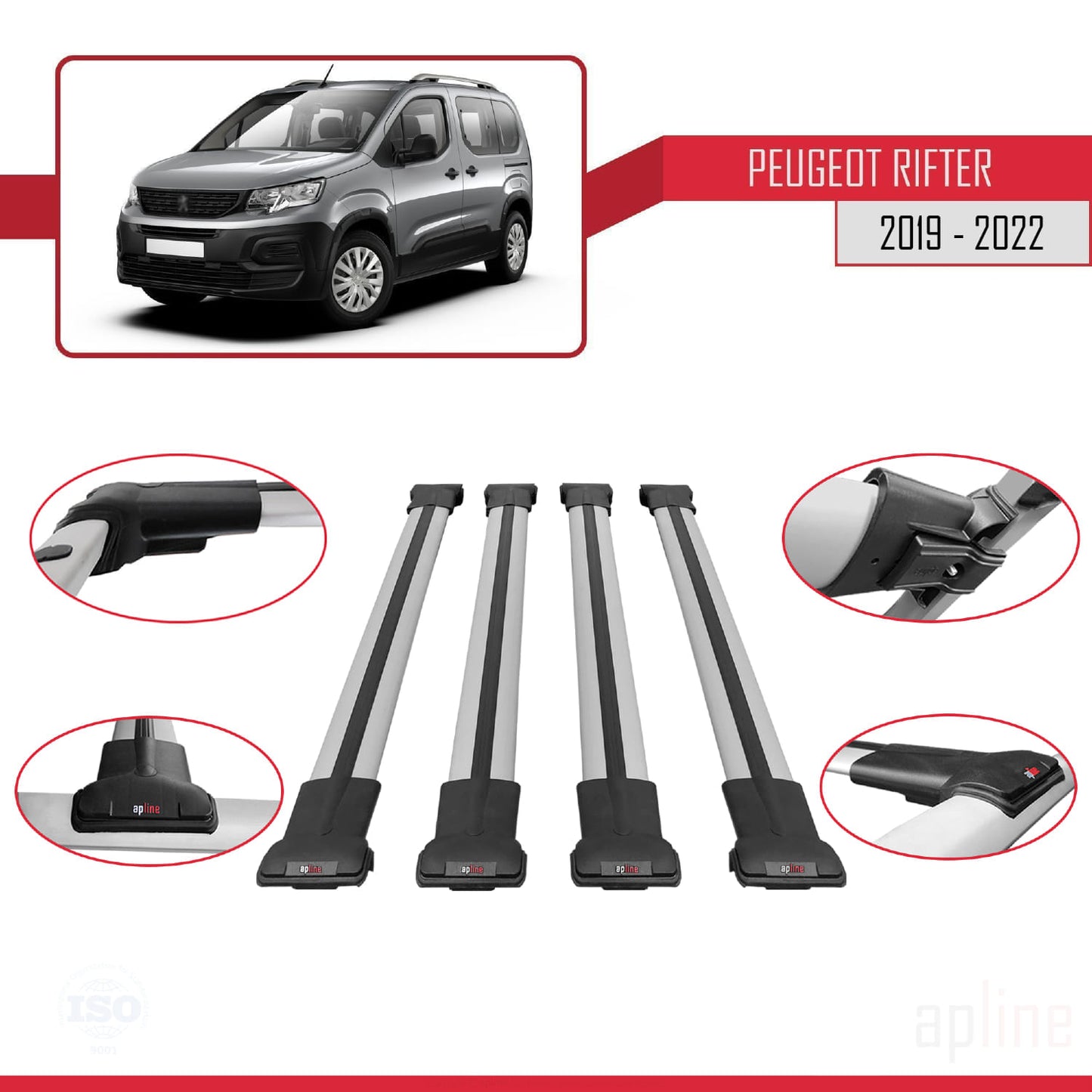 Compatible with Peugeot Rifter 2019-2022 FLY Model Car Roof Rack Cross Bar Grey Aluminium 4 Bars
