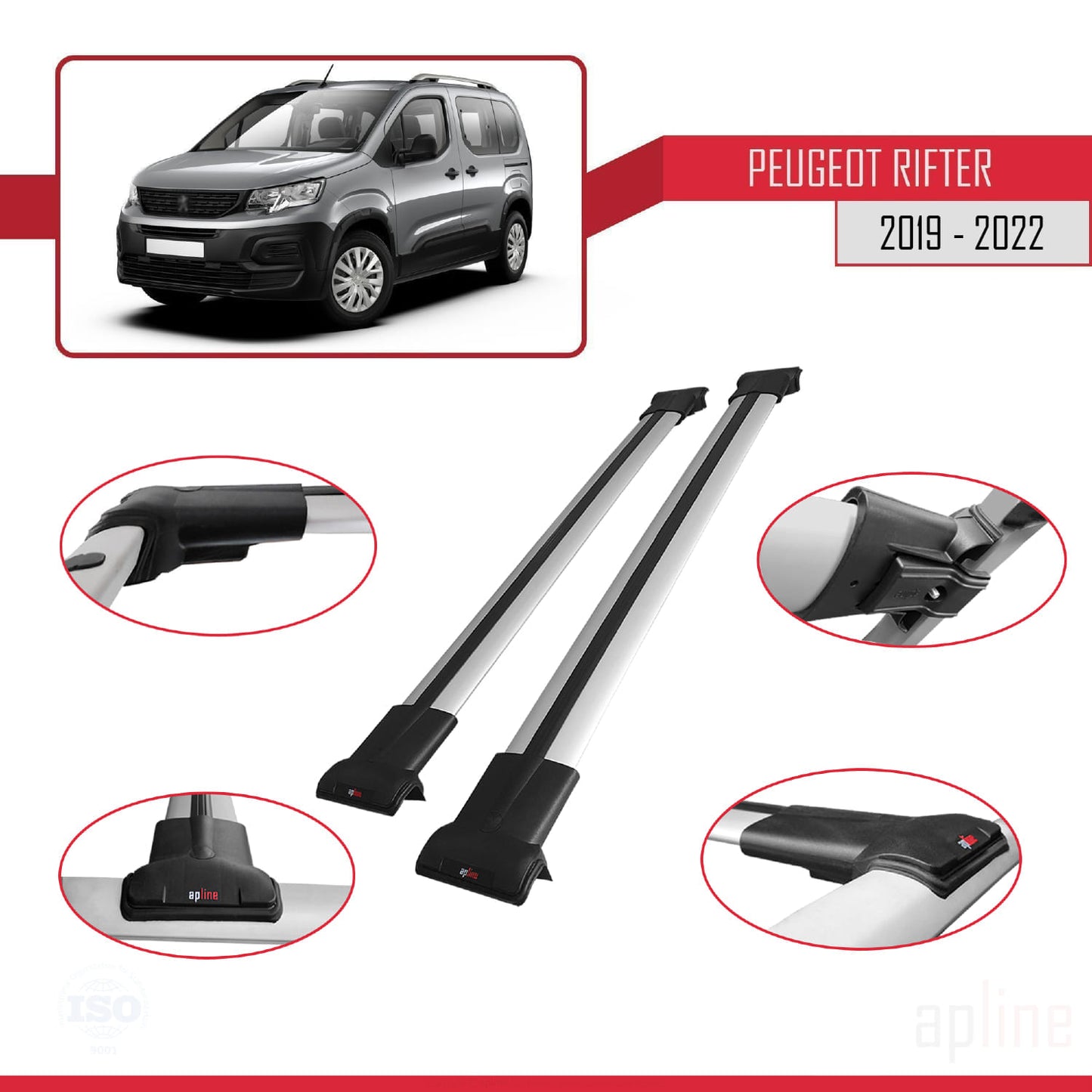 Compatible with Peugeot Rifter 2019-2022 FLY Model Car Roof Rack Cross Bar Grey Aluminium 2 Bars