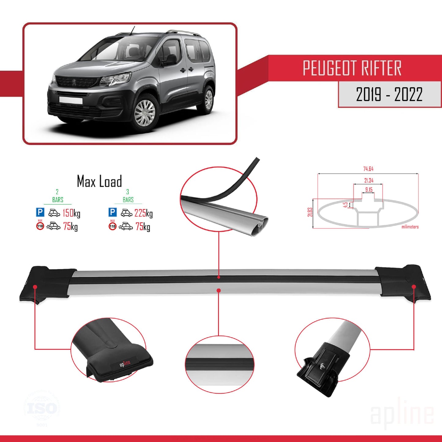 Compatible with Peugeot Rifter 2019-2022 FLY Model Car Roof Rack Cross Bar Grey Aluminium 2 Bars