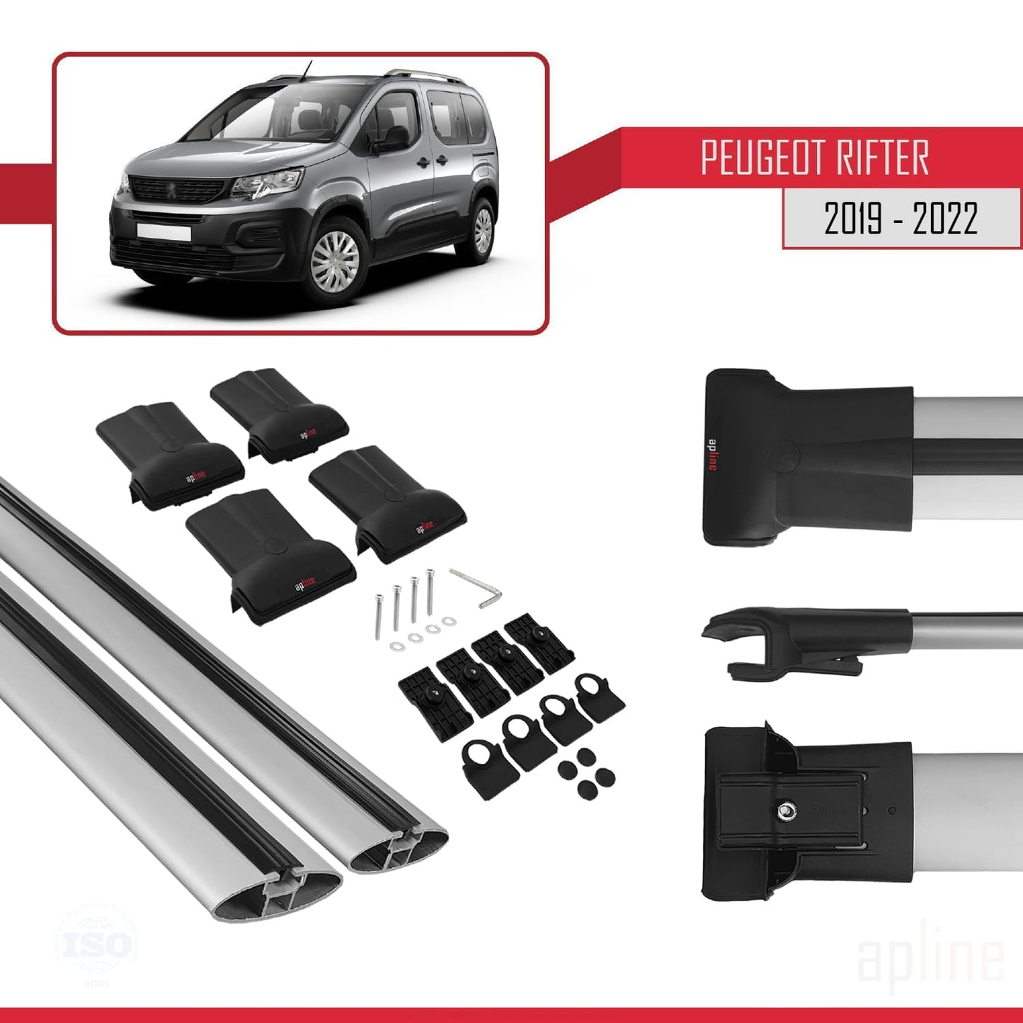 Compatible with Peugeot Rifter 2019-2022 FLY Model Car Roof Rack Cross Bar Grey Aluminium 2 Bars