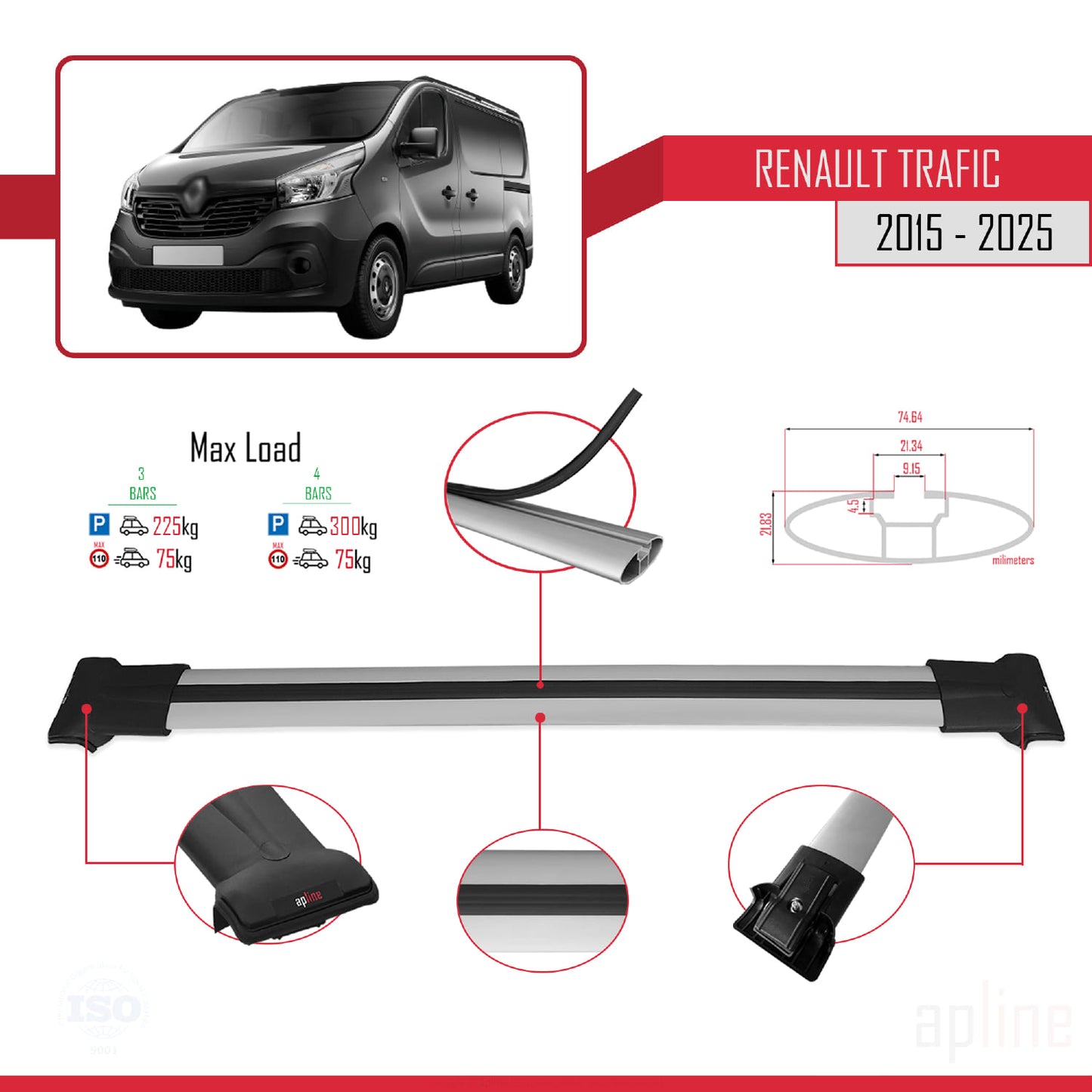 Compatible with Renault Trafic 3 (X82) 2015-2025 FLY Model Car Roof Rack Cross Bar Grey Aluminium 3 Bars