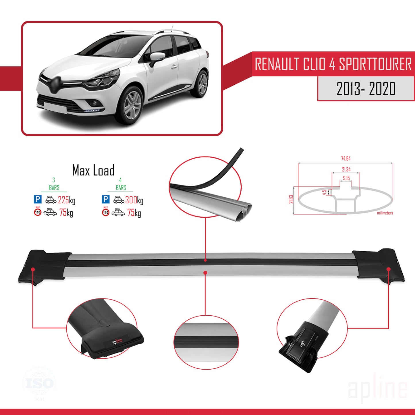 Compatible with Renault Clio 4 ST 2013-2020 FLY Model Car Roof Rack Cross Bar Grey Aluminium 3 Bars