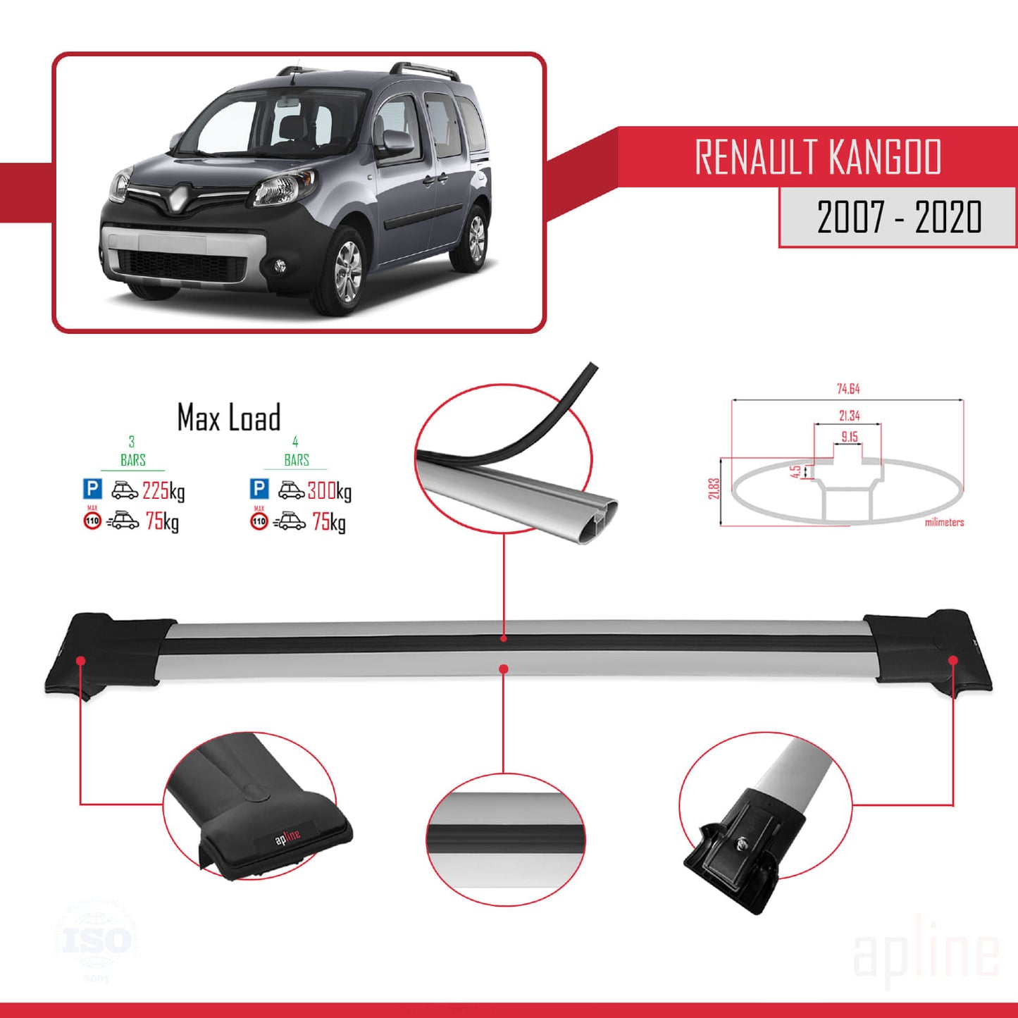 Compatible with Renault Kangoo 2 (X61) 2007-2020 FLY Model Car Roof Rack Cross Bar Grey Aluminium 3 Bars