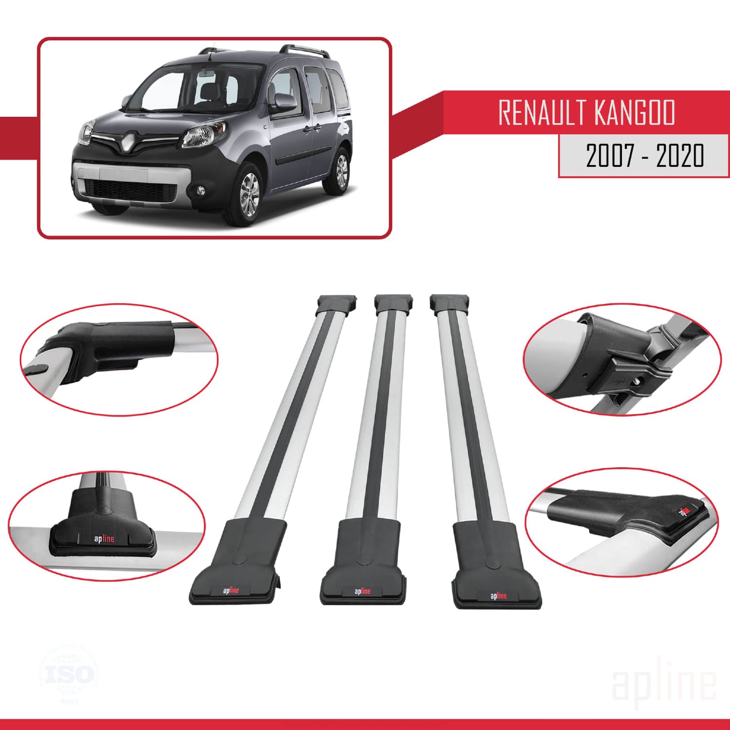 Compatible with Renault Kangoo 2 (X61) 2007-2020 FLY Model Car Roof Rack Cross Bar Grey Aluminium 3 Bars