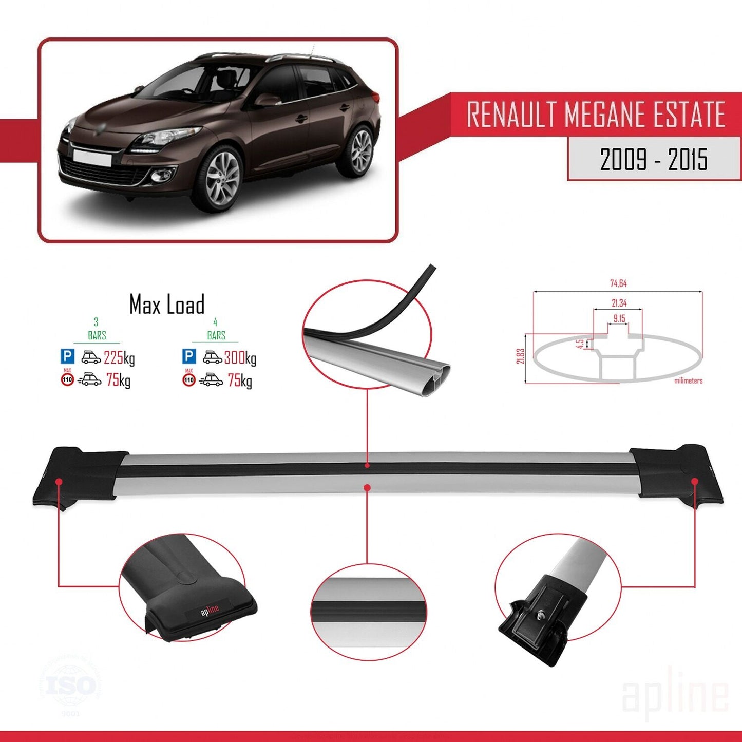 Compatible with Renault Megane 3 ST 2009-2015 FLY Model Car Roof Rack Cross Bar Grey Aluminium 3 Bars