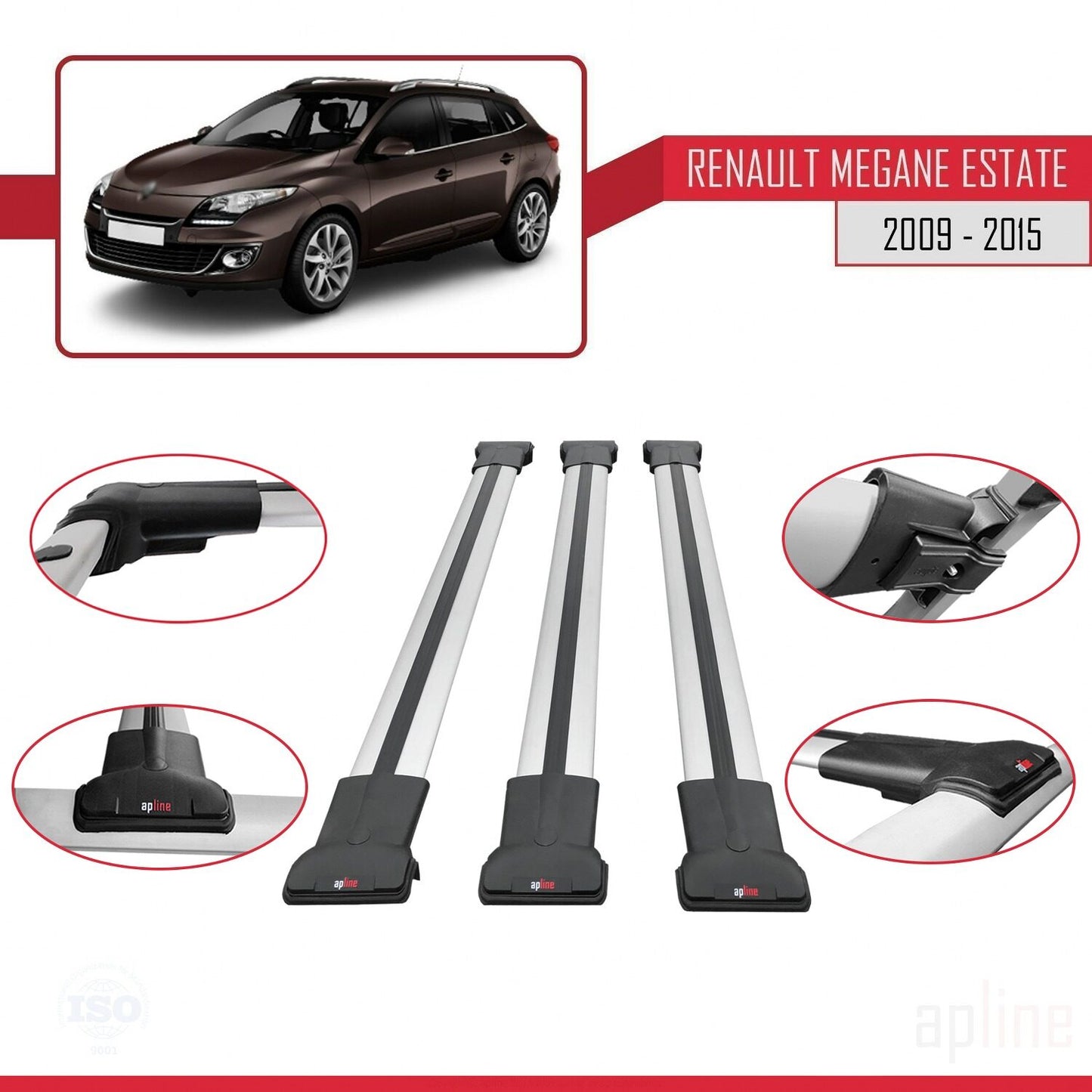 Compatible with Renault Megane 3 ST 2009-2015 FLY Model Car Roof Rack Cross Bar Grey Aluminium 3 Bars