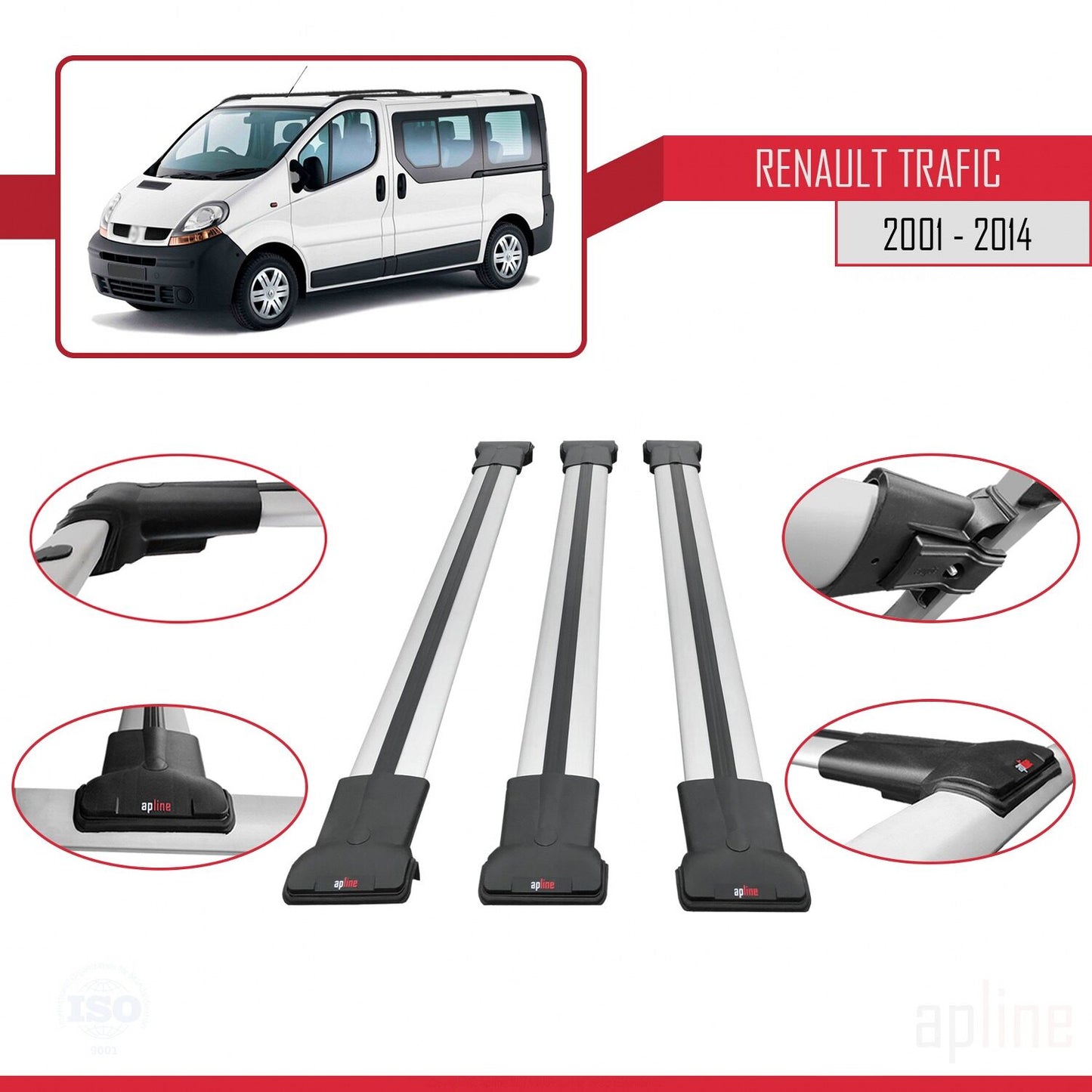 Compatible with Renault Trafic 2 (X83) 2001-2014 FLY Model Car Roof Rack Cross Bar Grey Aluminium 3 Bars