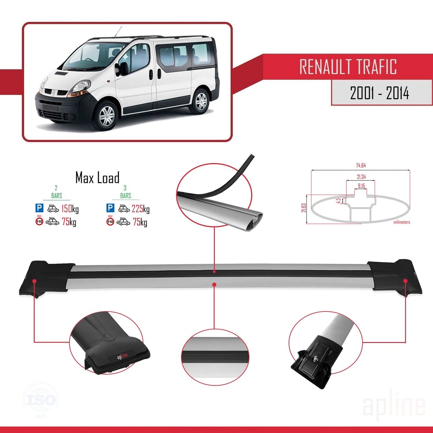 Compatible with Renault Trafic 2 (X83) 2001-2014 FLY Model Car Roof Rack Cross Bar Grey Aluminium 2 Bars