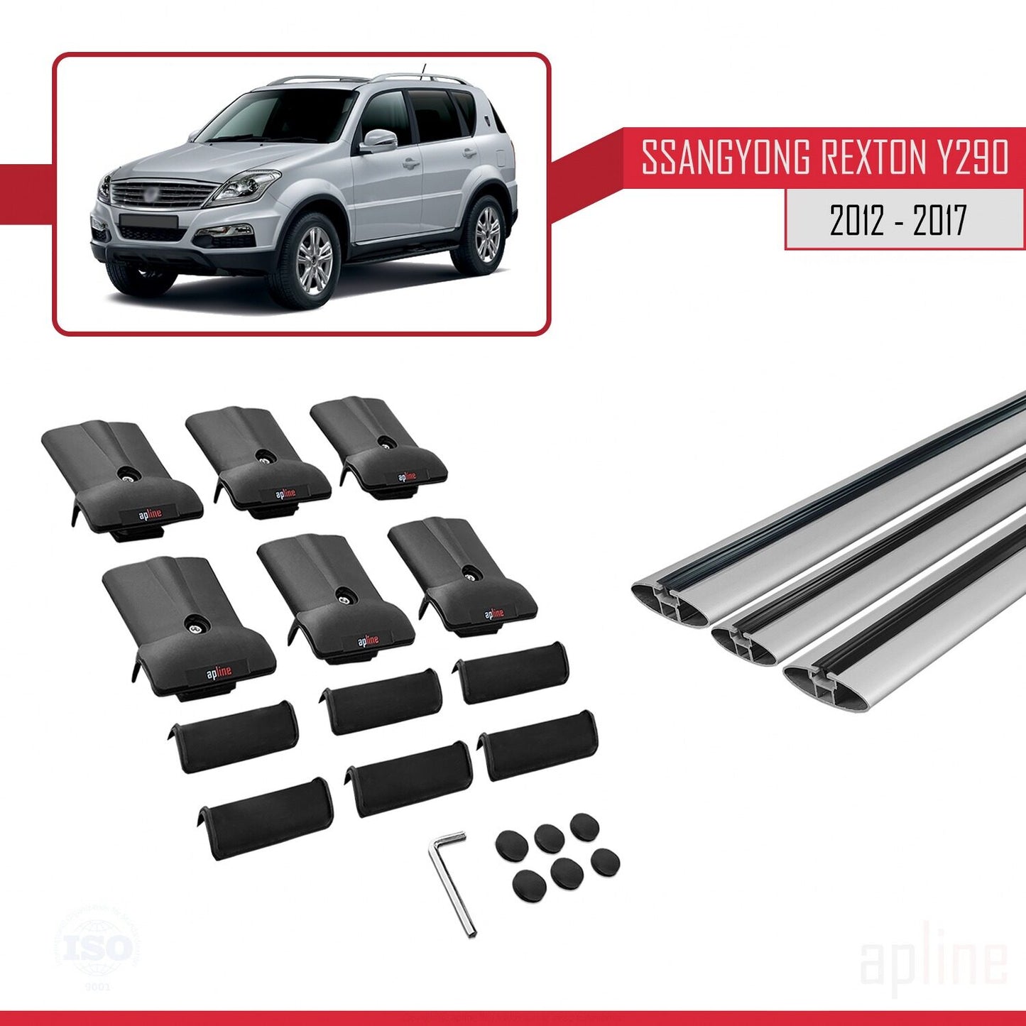 Compatible with Ssangyong Rexton (Y290) 2012-2017 FLY Model Car Roof Rack Cross Bar Grey Aluminium 3 Bars