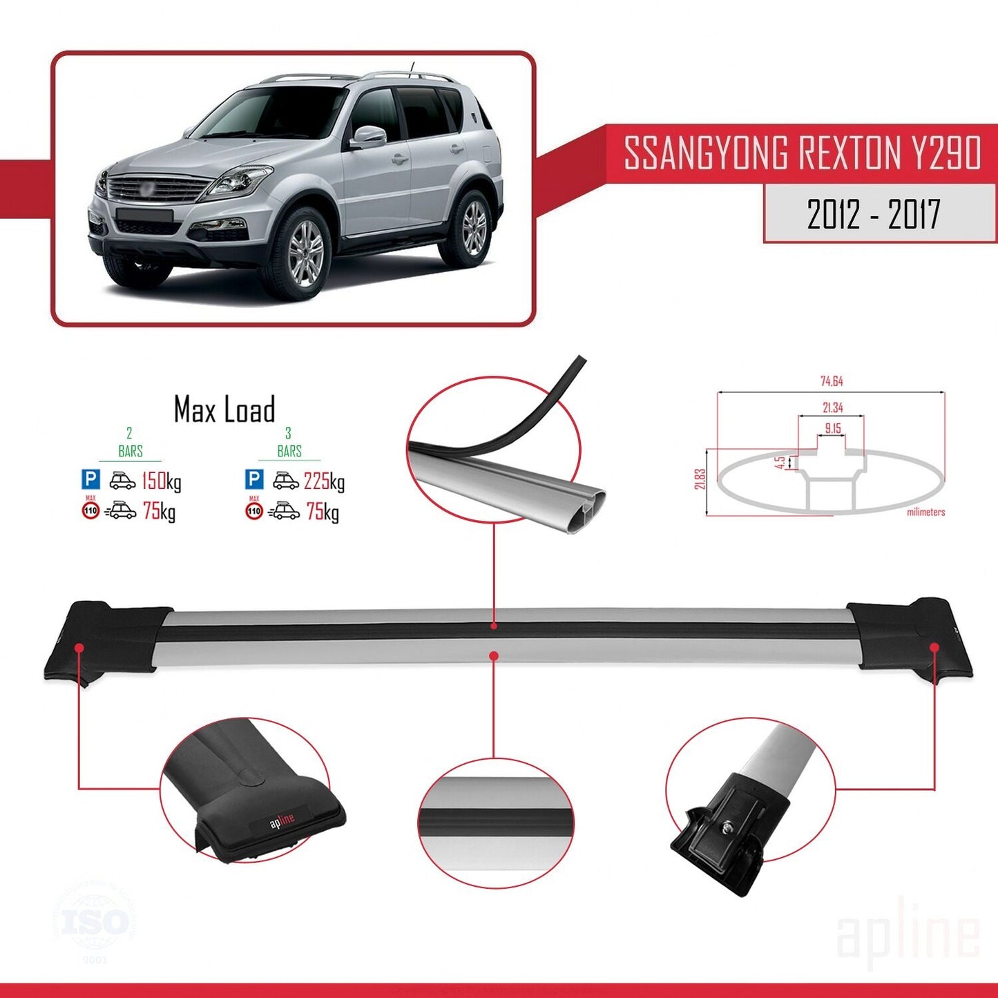 Compatible with Ssangyong Rexton (Y290) 2012-2017 FLY Model Car Roof Rack Cross Bar Grey Aluminium 2 Bars