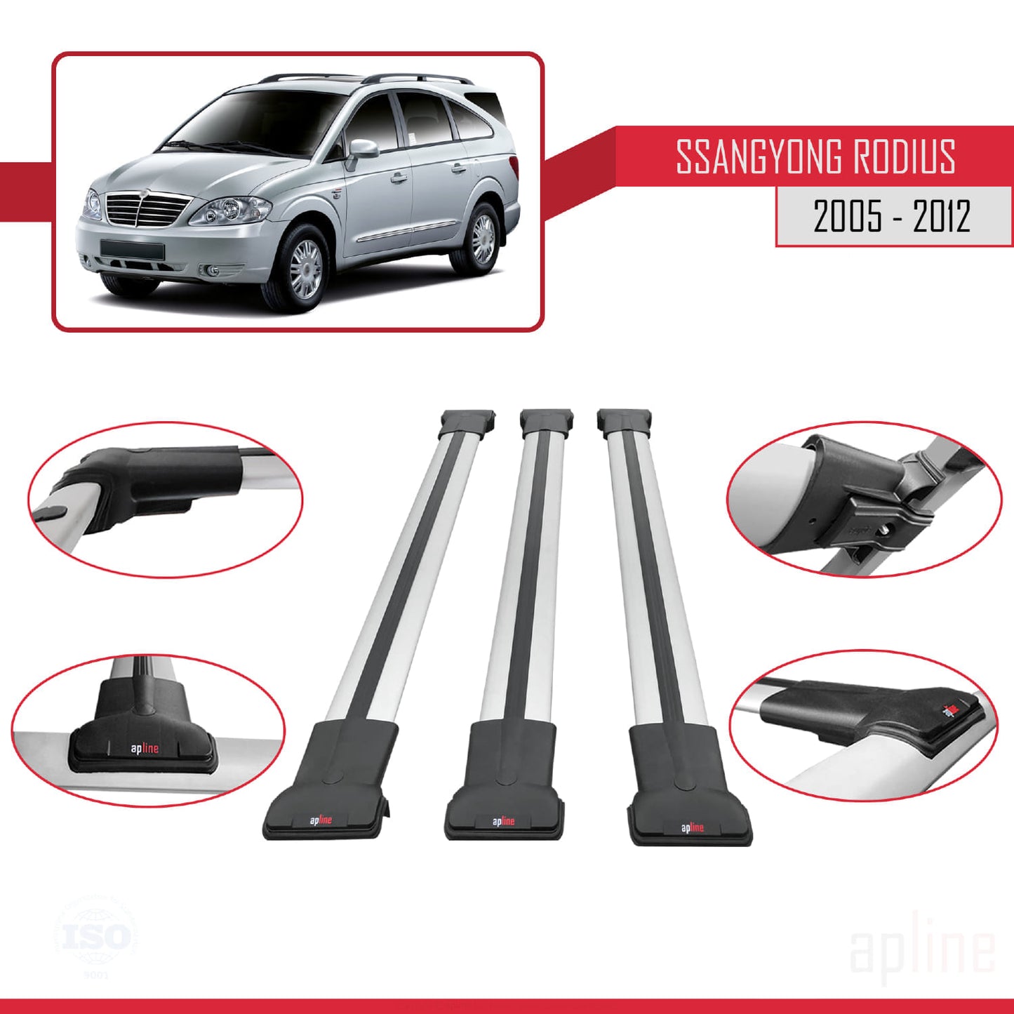 Compatible with Ssangyong Rodius 2005-2012 FLY Model Car Roof Rack Cross Bar Grey Aluminium 3 Bars