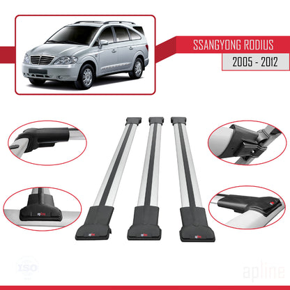 Compatible with Ssangyong Rodius 2005-2012 FLY Model Car Roof Rack Cross Bar Grey Aluminium 3 Bars