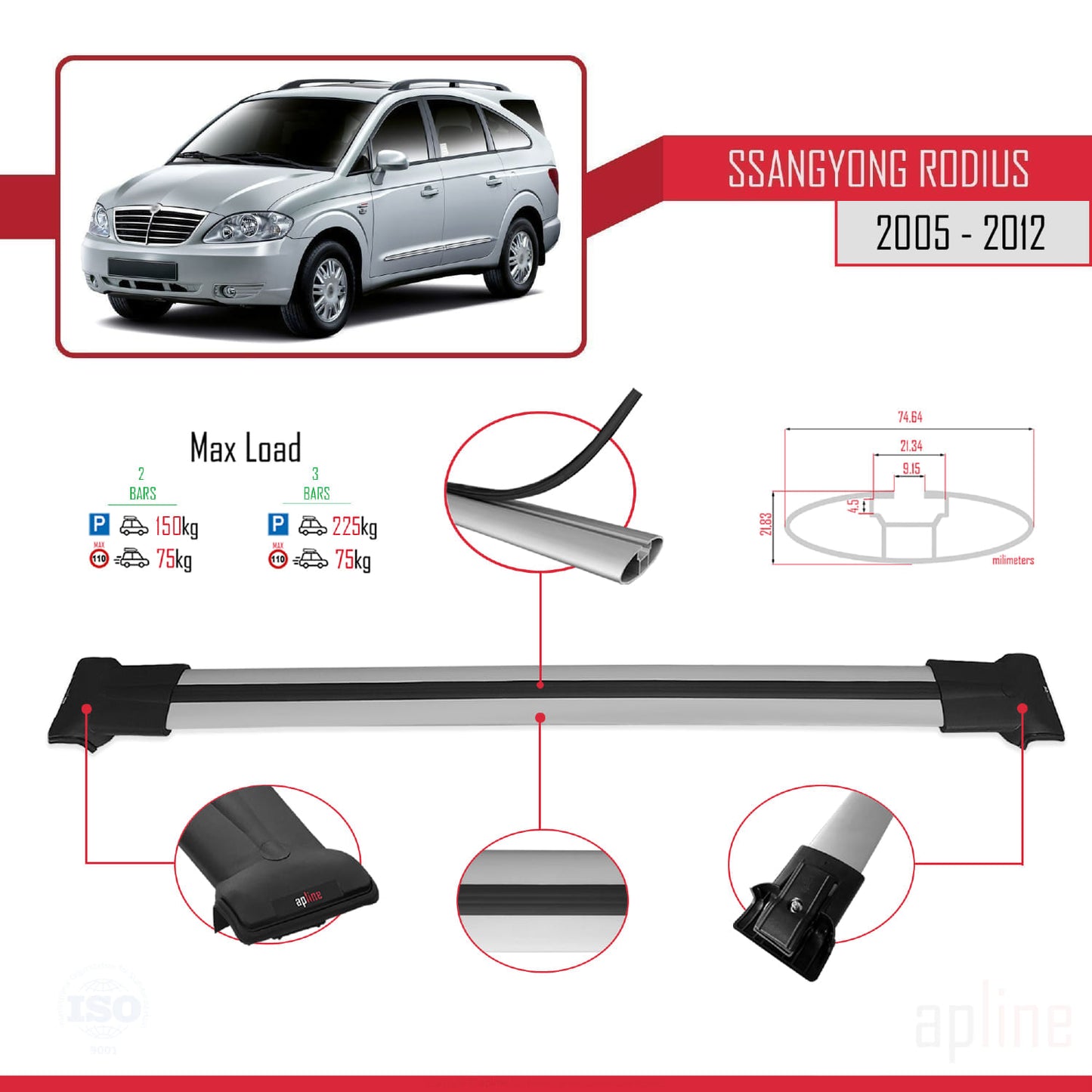 Compatible with Ssangyong Rodius 2005-2012 FLY Model Car Roof Rack Cross Bar Grey Aluminium 2 Bars