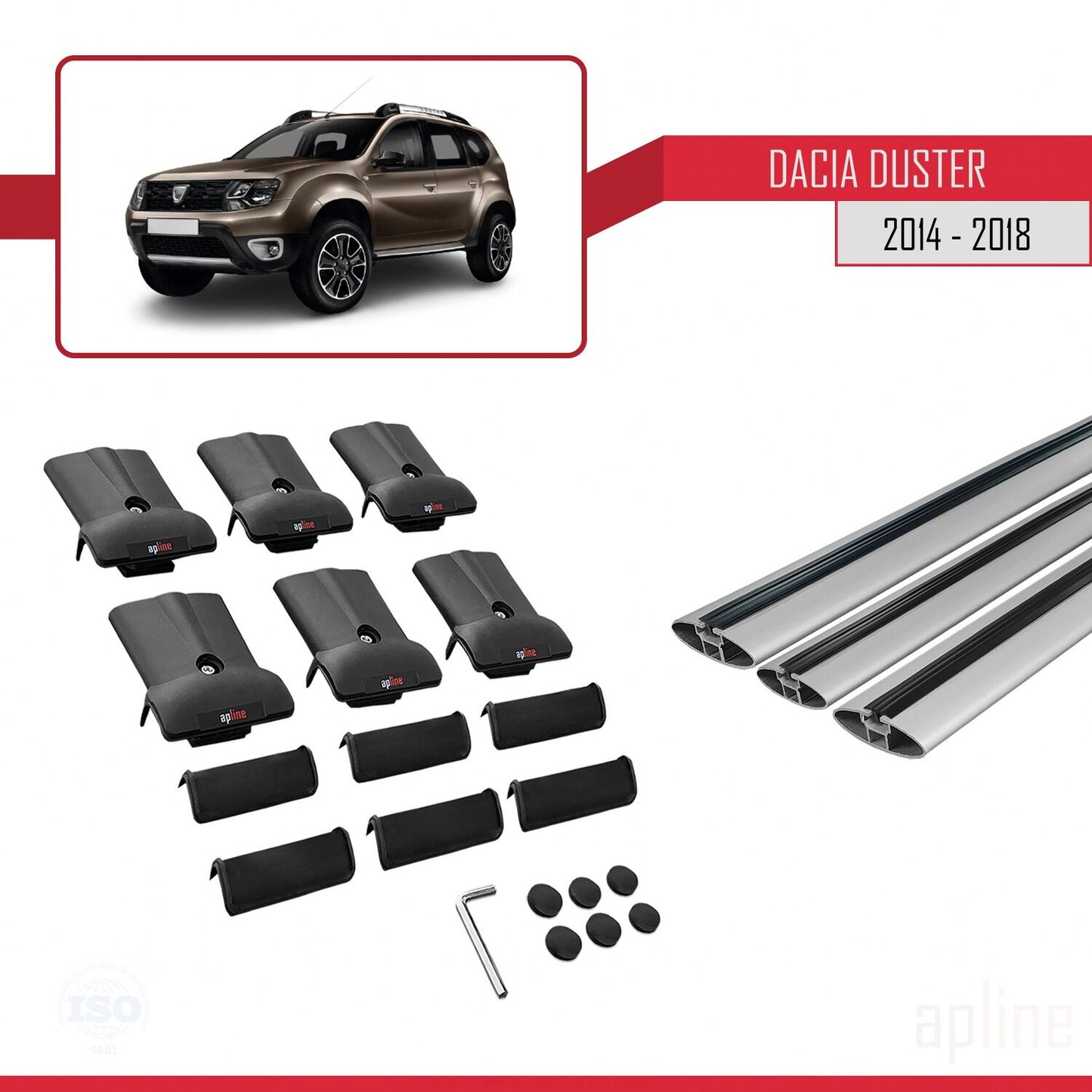 Compatible with Dacia Duster (HS) Post-Facelift 2014-2017 FLY Model Car Roof Rack Cross Bar Grey Aluminium 3 Bars