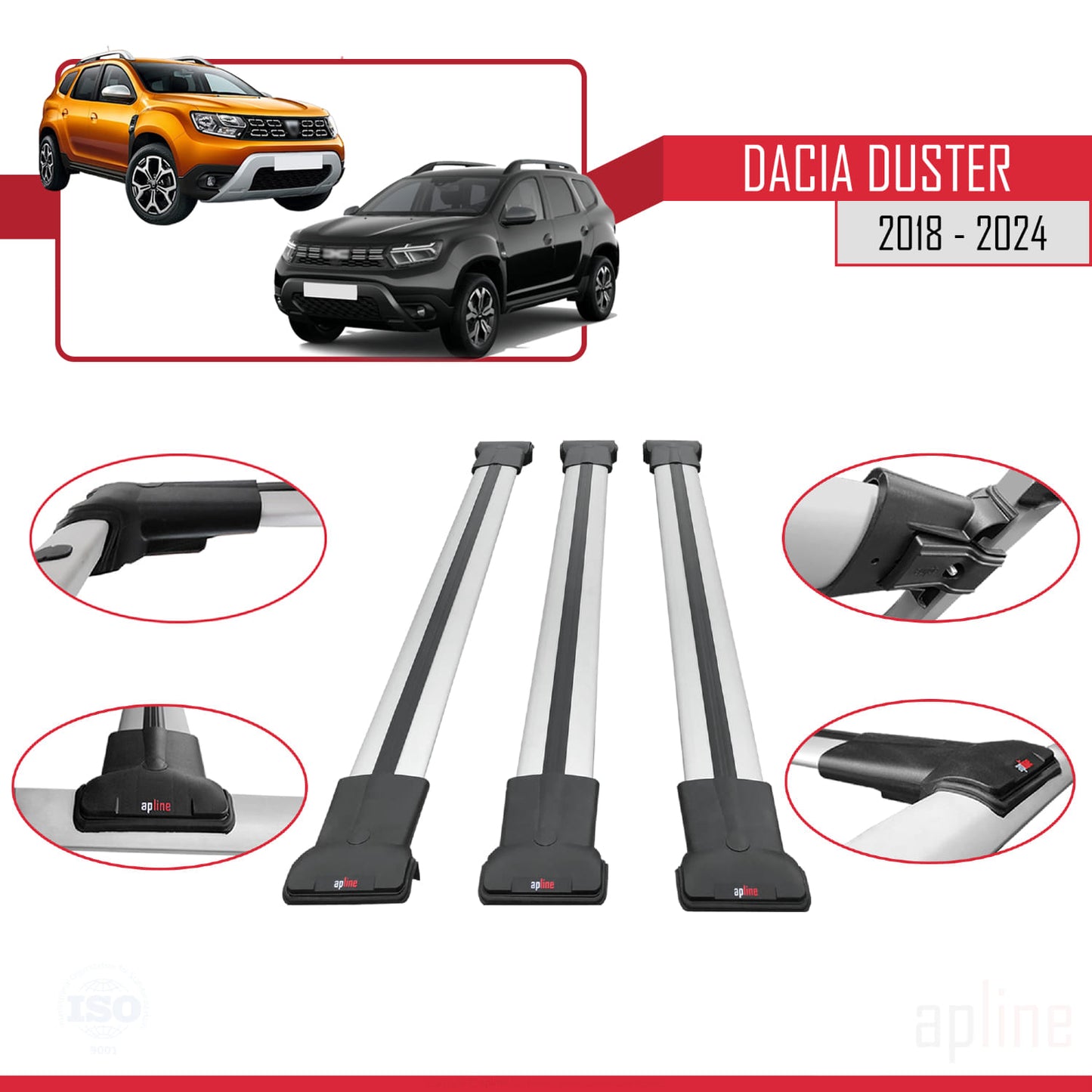 Compatible with Dacia Duster 2 (HM) 2018-2024 FLY Model Car Roof Rack Cross Bar Grey Aluminium 3 Bars