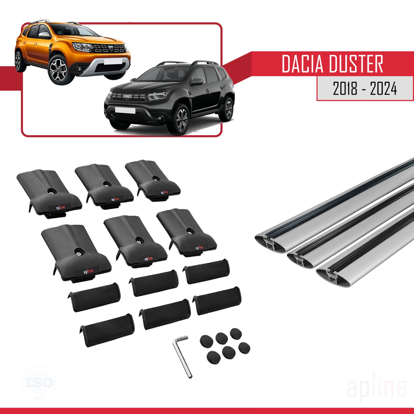 Compatible with Dacia Duster 2 (HM) 2018-2024 FLY Model Car Roof Rack Cross Bar Grey Aluminium 3 Bars