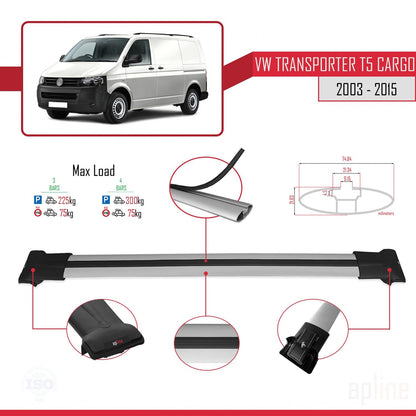 Compatible with Volkswagen T5 Transporter 2003-2015 FLY Model Car Roof Rack Cross Bar Grey Aluminium 3 Bars