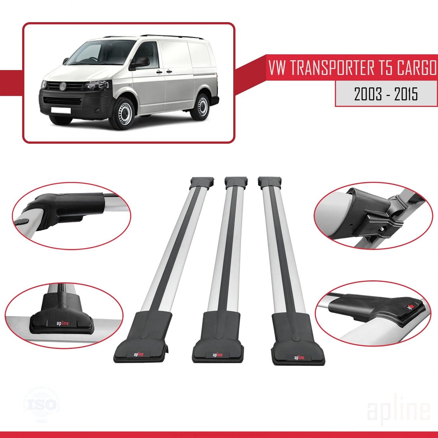 Compatible with Volkswagen T5 Transporter 2003-2015 FLY Model Car Roof Rack Cross Bar Grey Aluminium 3 Bars