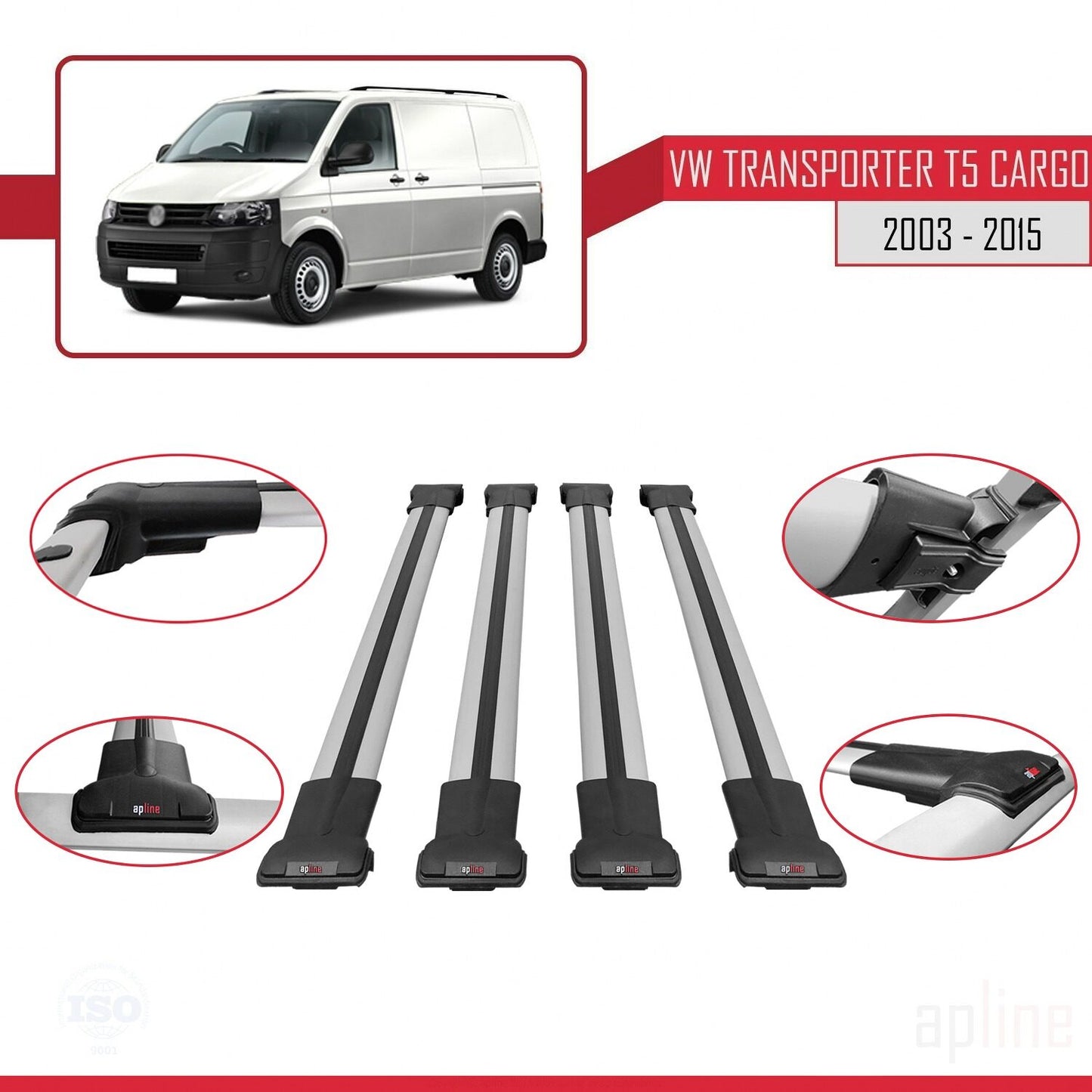 Compatible with Volkswagen T5 Transporter 2003-2015 FLY Model Car Roof Rack Cross Bar Grey Aluminium 4 Bars