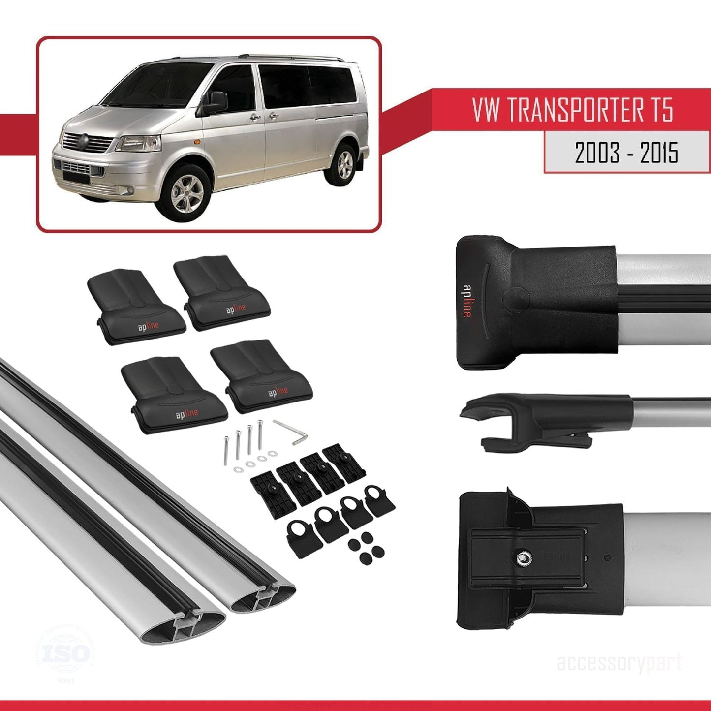 Compatible with Volkswagen Transporter (T5) 2003-2015 FLY Model Roof Rack Gray 2 Aluminium Bars