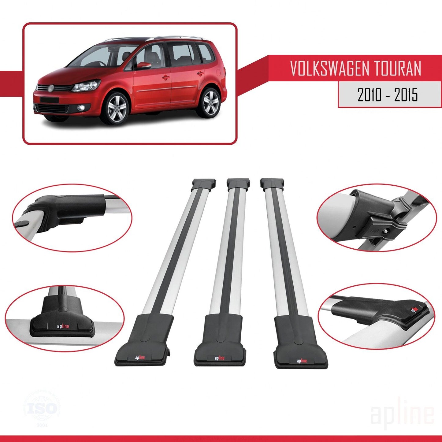 Compatible with Volkswagen Touran (1T) Post-Facelift 2010-2015 FLY Model Car Roof Rack Cross Bar Grey Aluminium 3 Bars