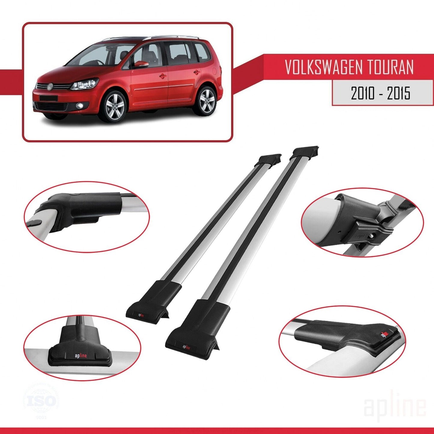 Compatible with Volkswagen Touran (1T) Post-Facelift 2010-2015 FLY Model Car Roof Rack Cross Bar Grey Aluminium 2 Bars